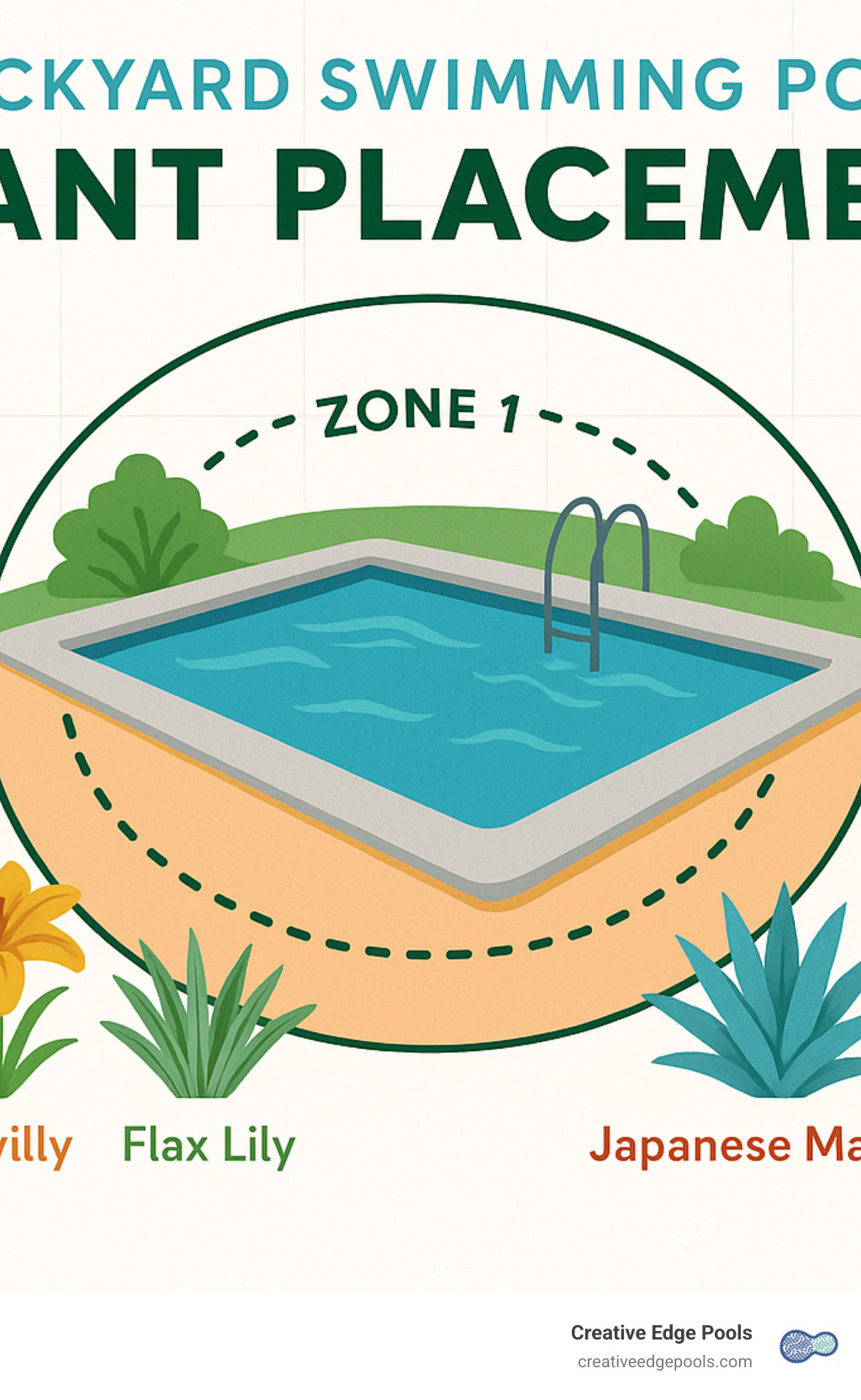 Infographic showing proper plant placement zones around pools with specific plant recommendations for each zone based on chlorine tolerance and root systems - backyard swimming pool infographic