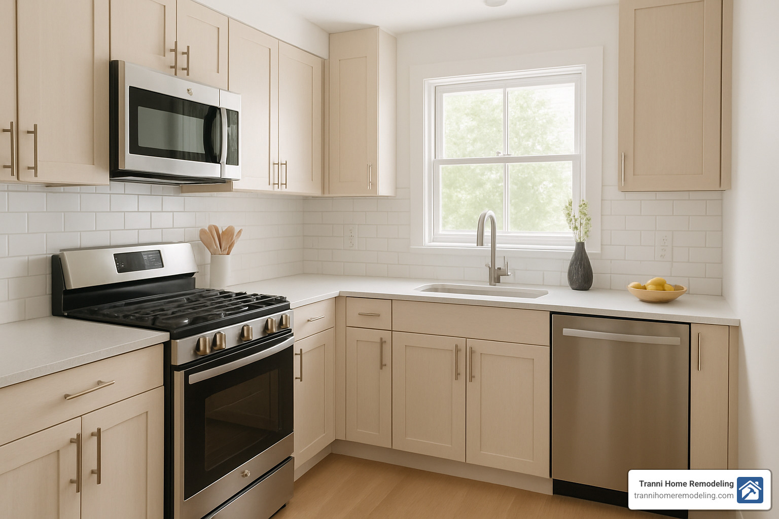 small kitchen with light-colored backsplash - kitchen backsplash ideas