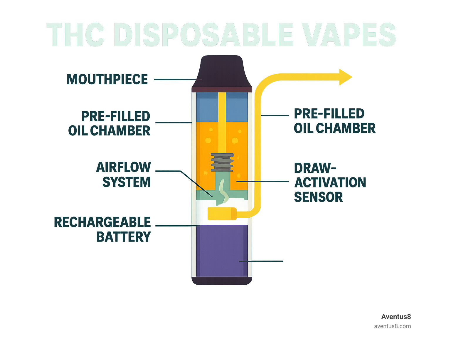 Infographic showing the internal components of a THC disposable vape including rechargeable battery, ceramic heating coil, pre-filled oil chamber, airflow system, and draw-activation sensor, with arrows indicating vapor path from oil to mouthpiece - thc disposables vapes infographic 