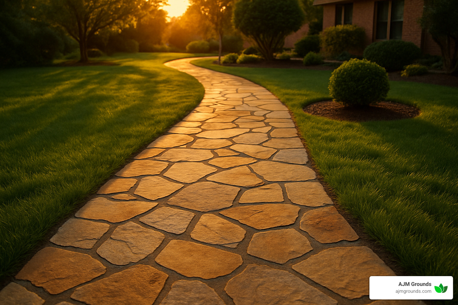 Concrete Your Path: Installing a Flagstone Walkway finished flagstone walkway at sunset with warm lighting - how to install flagstone walkway in concrete