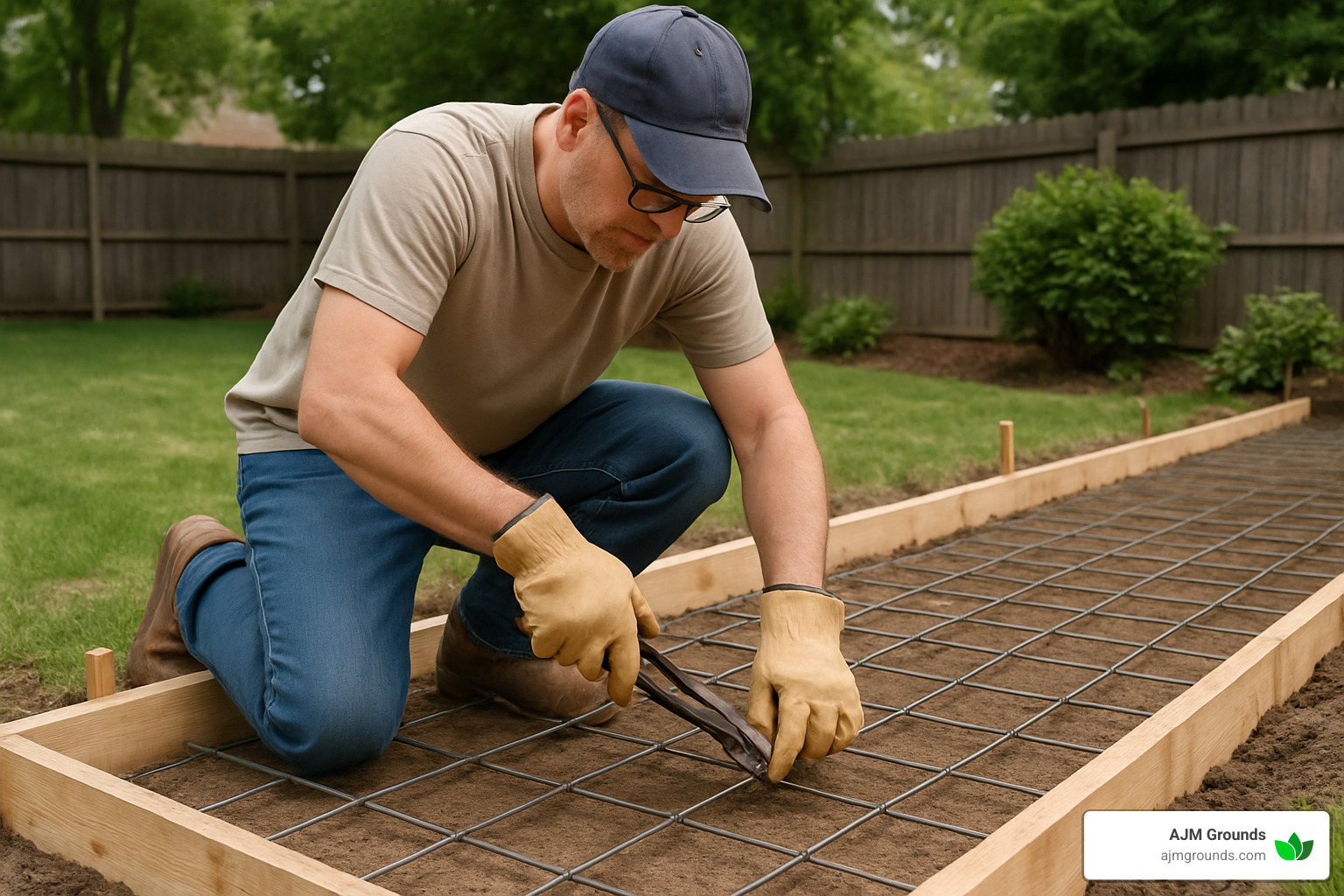 Concrete Your Path: Installing a Flagstone Walkway homeowner installing steel mesh reinforcement in concrete forms - how to install flagstone walkway in concrete