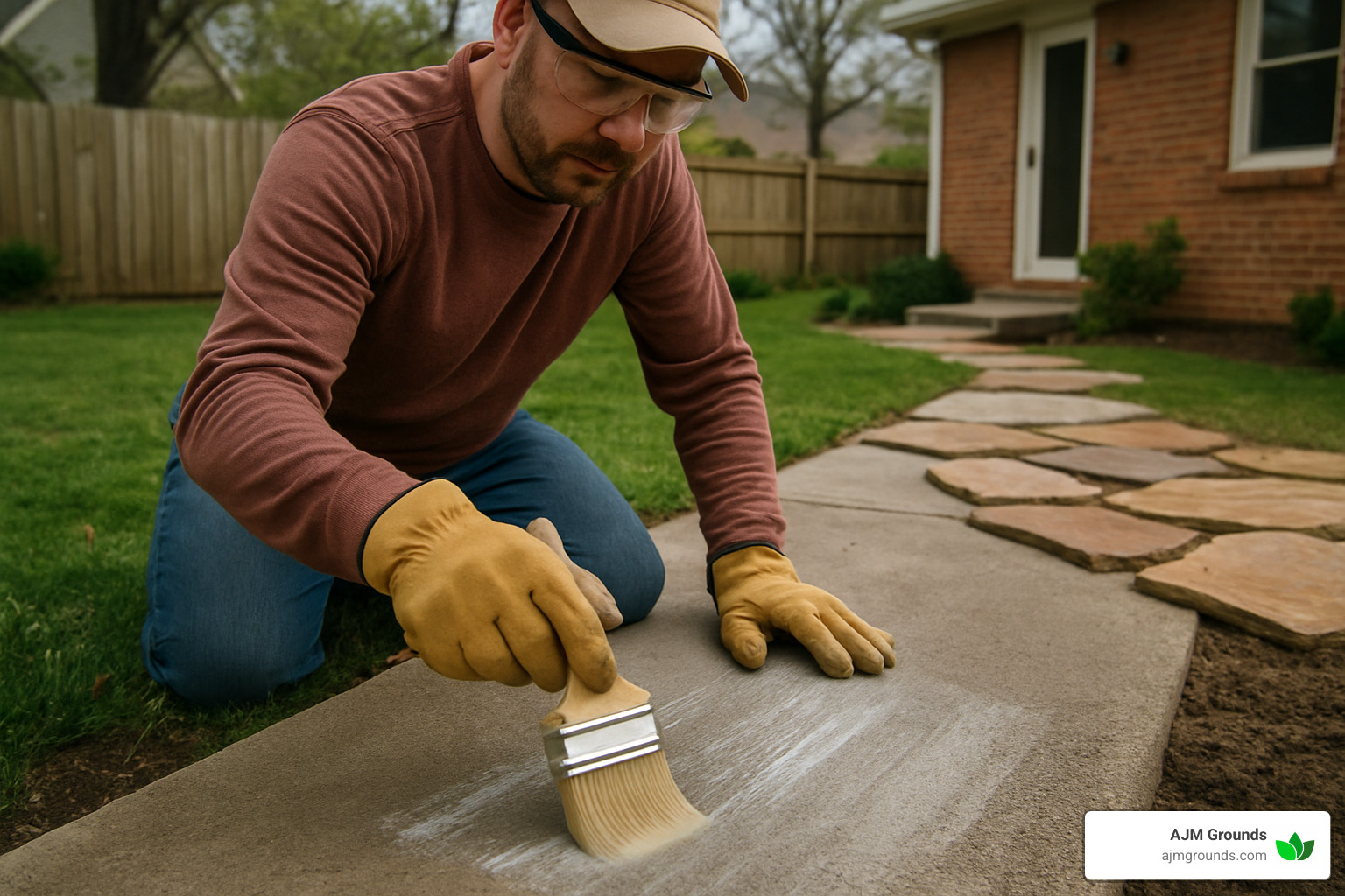 Concrete Your Path: Installing a Flagstone Walkway worker applying bonding slurry to concrete surface with brush - how to install flagstone walkway in concrete