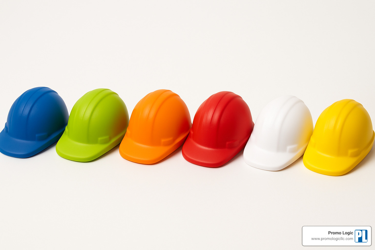 Six colorful hard hat stress balls lined up showing blue, lime green, orange, red, white, and yellow options - hard hat stress balls