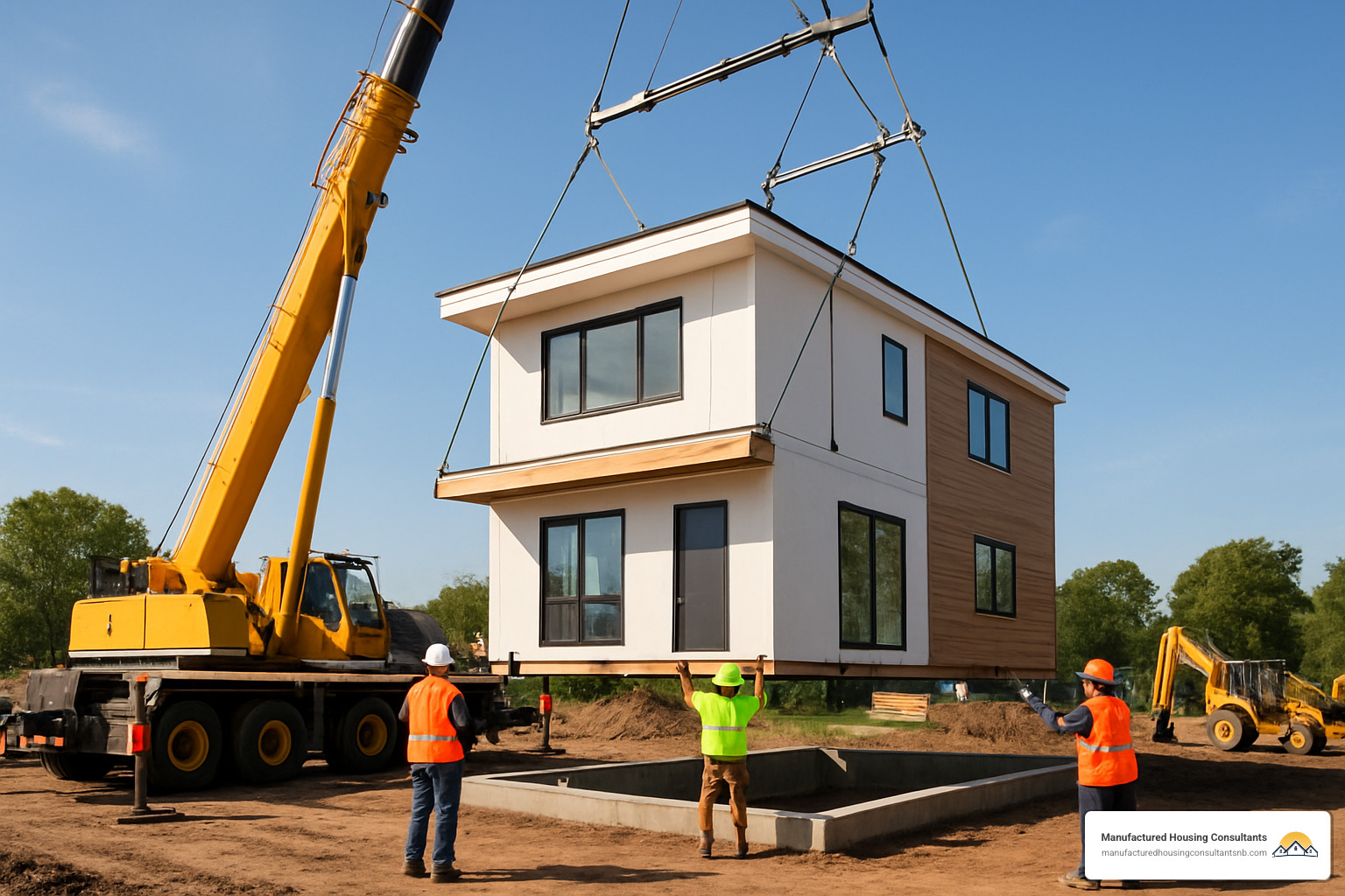 Large crane carefully positioning a prefab house module onto a prepared foundation, with workers guiding the placement - cheap prefab houses