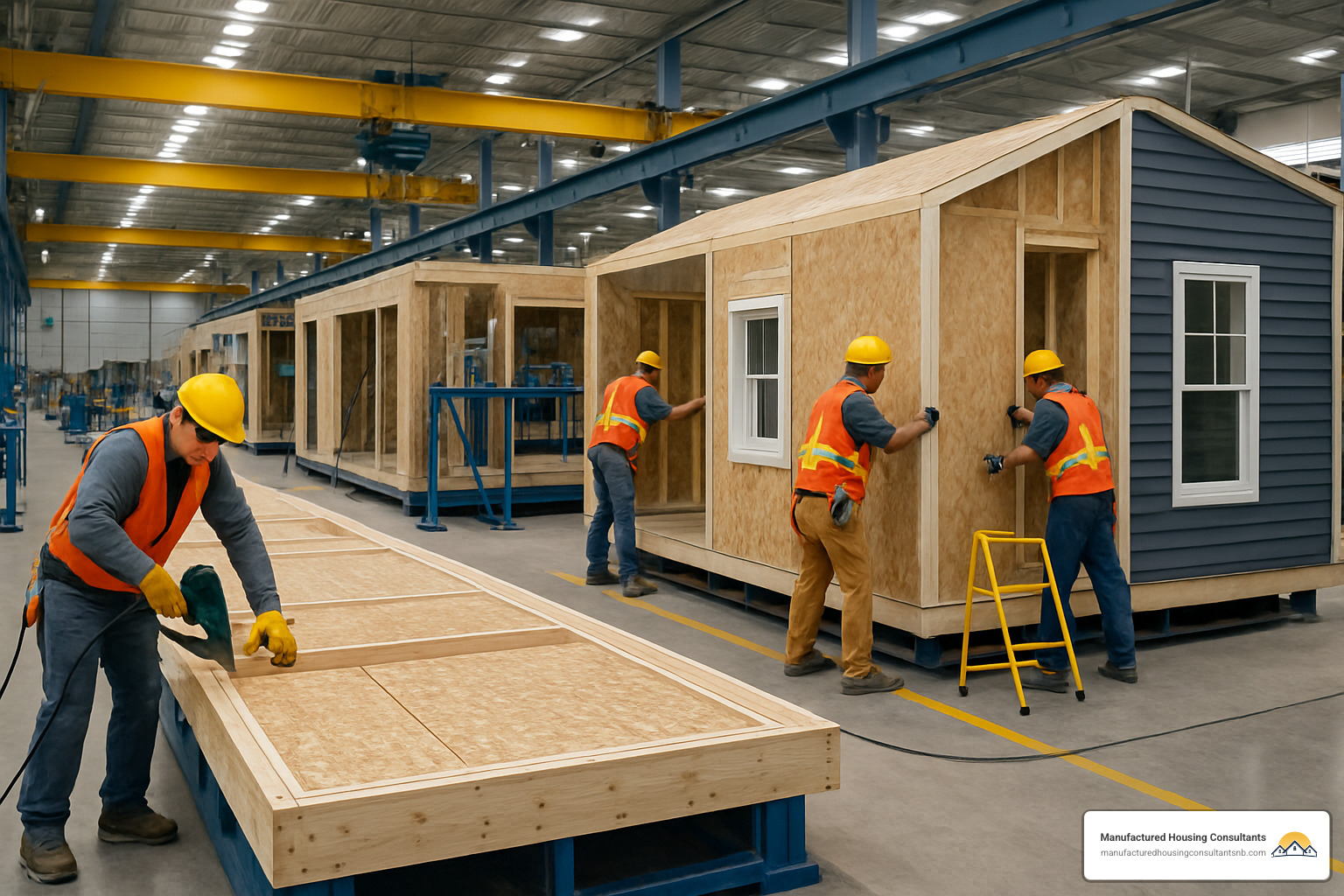 Modern factory assembly line with prefab house modules being constructed by skilled workers in a controlled indoor environment - cheap prefab houses