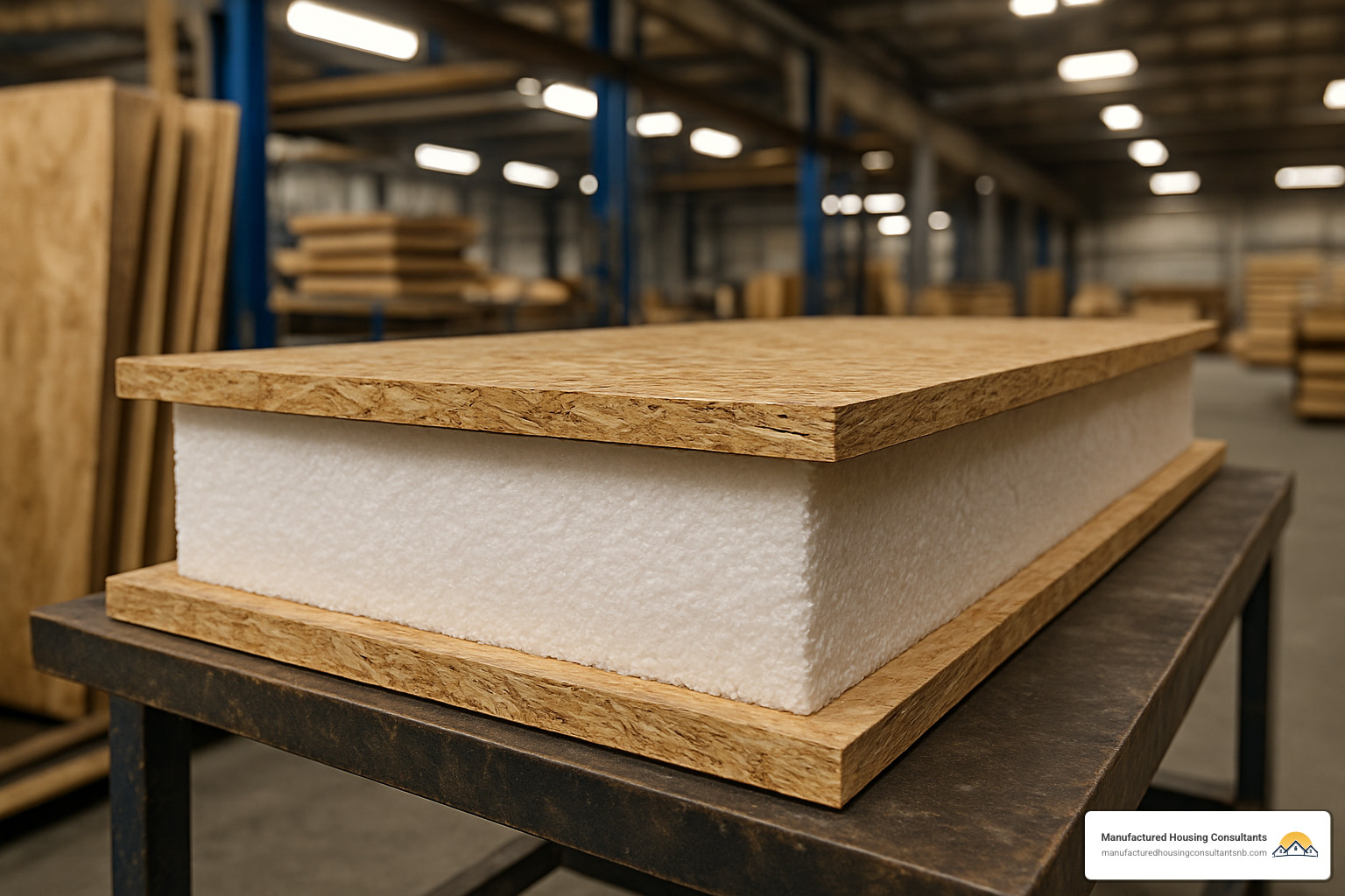 Cross-section view of structural insulated panels (SIPs) showing the foam core sandwiched between oriented strand board layers, demonstrating superior insulation and structural integrity - cheap prefab houses