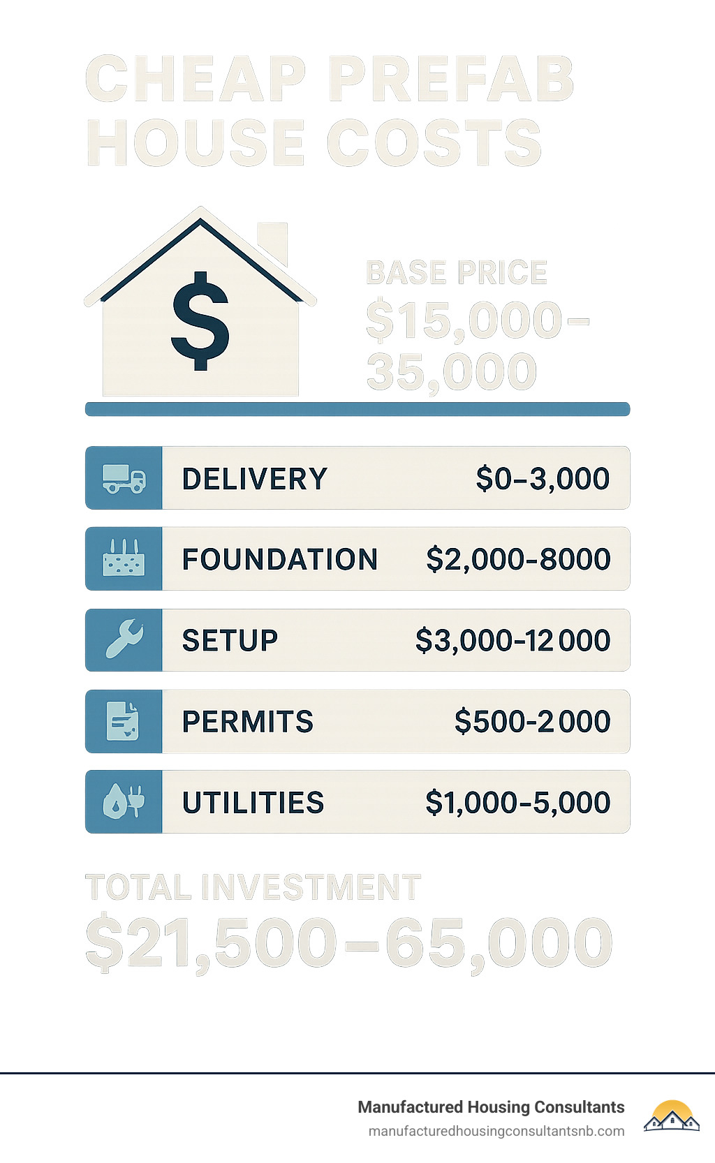 Infographic breaking down total prefab house costs: base price $15,000-35,000, delivery $0-3,000, foundation $2,000-8,000, setup $3,000-12,000, permits $500-2,000, utilities $1,000-5,000, showing total investment ranges from $21,500 to $65,000 - cheap prefab houses infographic 