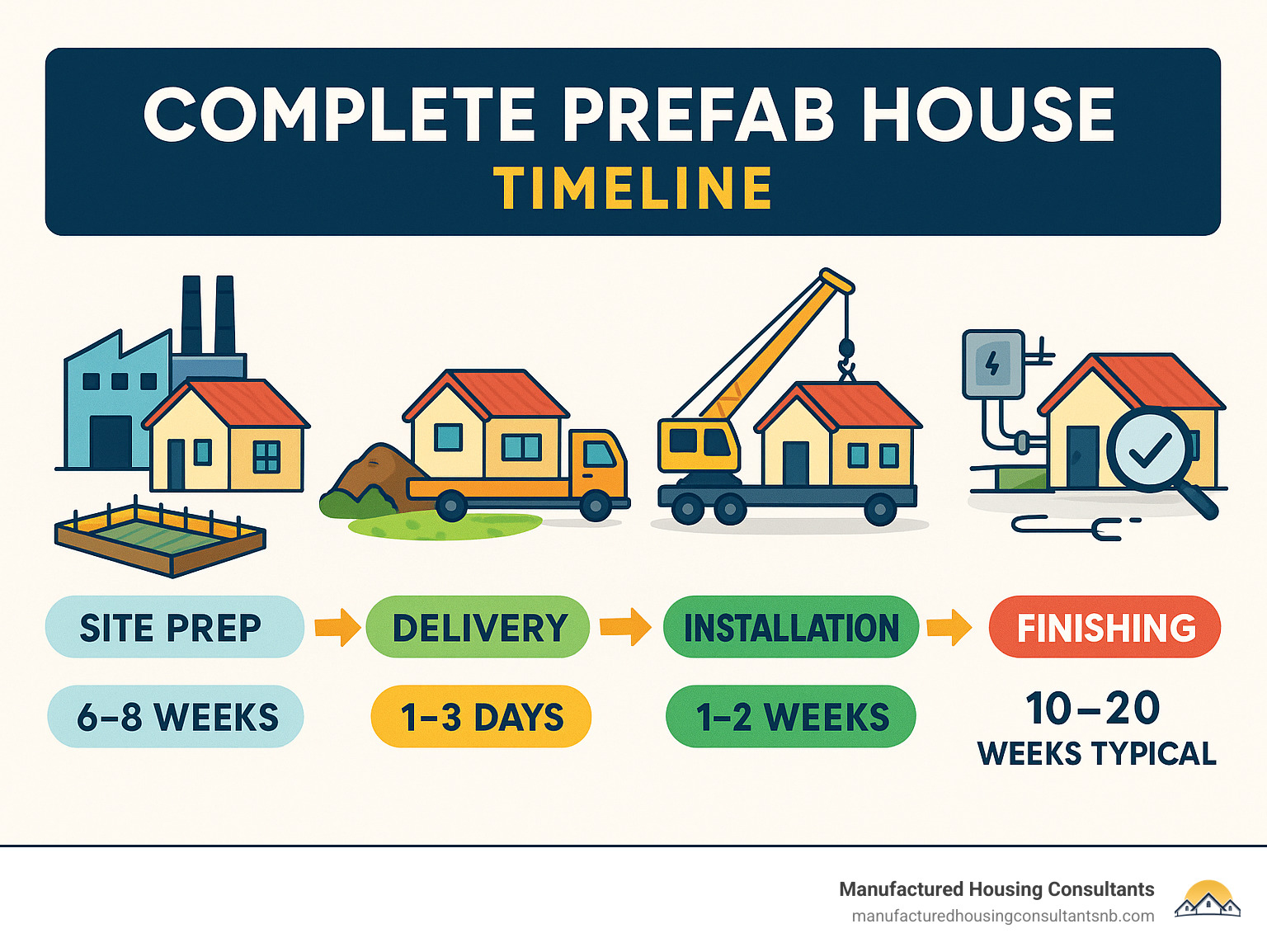 Infographic showing the complete prefab house timeline from factory production through foundation preparation, delivery, crane installation, utility hookup, and final inspection, with typical timeframes of 6-8 weeks factory build, 2-4 weeks site prep, 1-3 days installation, and 1-2 weeks finishing for total 10-20 week completion - cheap prefab houses infographic 