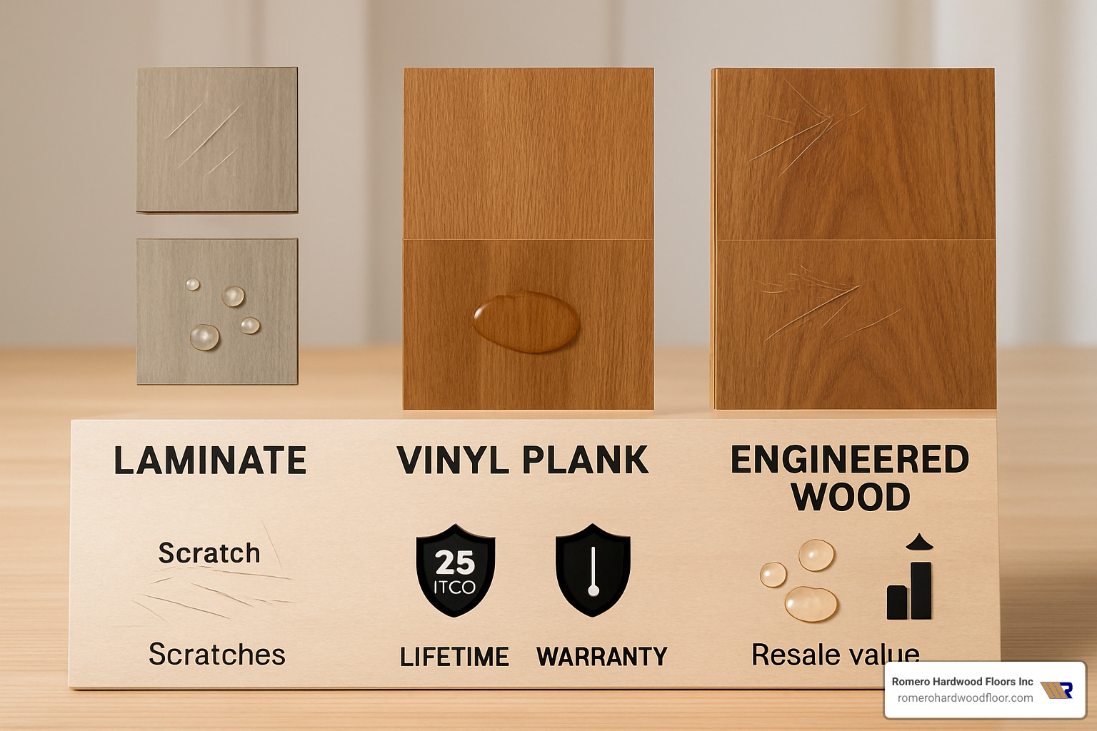 side-by-side comparison of floor swatches showing appearance differences, scratch resistance testing, water resistance capabilities, warranty information, and resale value impacts between different fake wood flooring types - cheap fake wood flooring