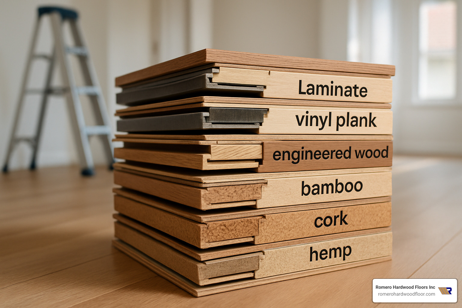 stack of click-lock planks showing various fake wood flooring types including laminate, vinyl plank, engineered wood, rigid core, bamboo, cork, and hemp options - cheap fake wood flooring