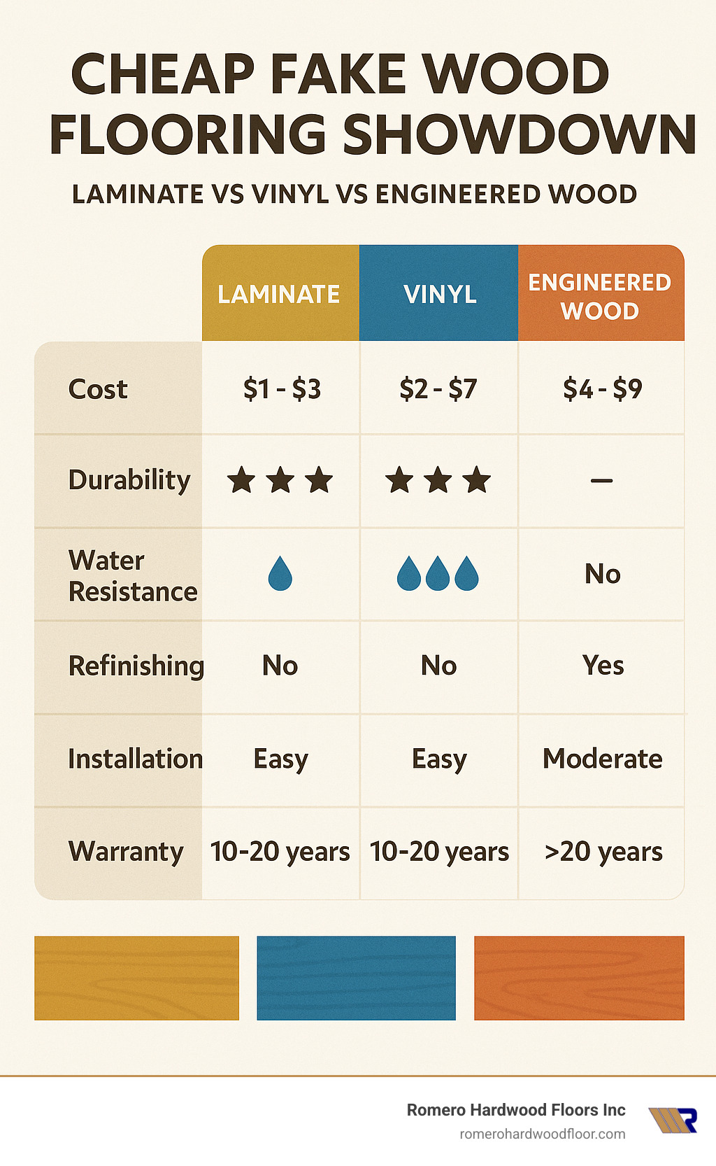 Comprehensive comparison table showing laminate vs vinyl vs engineered wood across metrics including cost per square foot, durability ratings, water resistance levels, refinishing capabilities, installation difficulty, and warranty coverage - cheap fake wood flooring infographic 