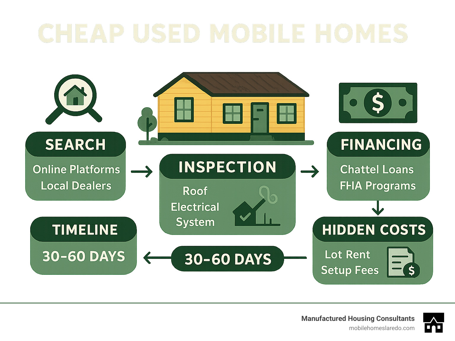 Infographic showing the complete mobile home buying process from initial search through online platforms and local dealers, inspection checklist including roof and electrical systems, financing options like chattel loans and FHA programs, hidden costs breakdown including lot rent and setup fees, and timeline from search to move-in spanning 30-60 days - cheap used mobile homes for sale near me infographic  Infographic showing the complete mobile home buying process from initial search through online platforms and local dealers, inspection checklist including roof and electrical systems, financing options like chattel loans and FHA programs, hidden costs breakdown including lot rent and setup fees, and timeline from search to move-in spanning 30-60 days - cheap used mobile homes for sale near me infographic