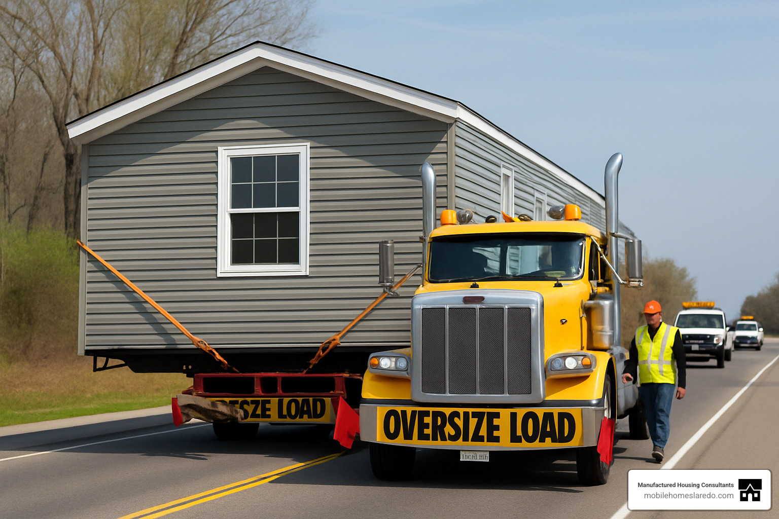 Mobile home being transported on a truck with professional equipment and safety measures - cheap used mobile homes for sale near me Mobile home being transported on a truck with professional equipment and safety measures - cheap used mobile homes for sale near me