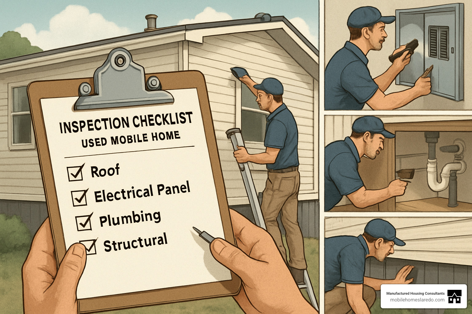Detailed inspection checklist showing roof examination, electrical panel check, plumbing assessment, and structural evaluation points - cheap used mobile homes for sale near me Detailed inspection checklist showing roof examination, electrical panel check, plumbing assessment, and structural evaluation points - cheap used mobile homes for sale near me
