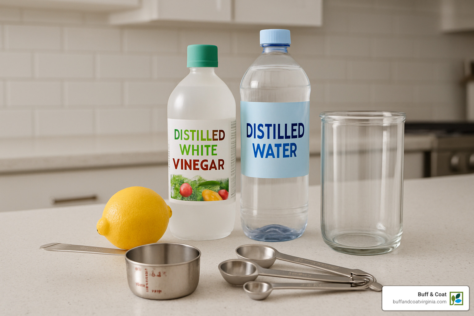 DIY floor cleaner ingredients arranged in a mixing jar with measuring tools - best floor cleaners