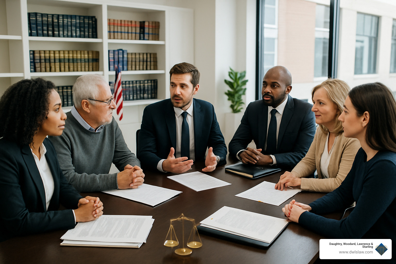 Diverse group of attorneys and clients in a modern law office setting - attorneys in johnston county nc
