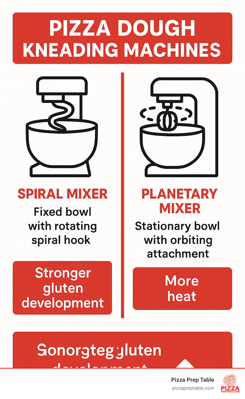 Comparison infographic showing spiral mixer with fixed bowl and rotating hook creating stronger gluten development versus planetary mixer with stationary bowl and orbiting attachment generating more heat - pizza dough kneading machine infographic 