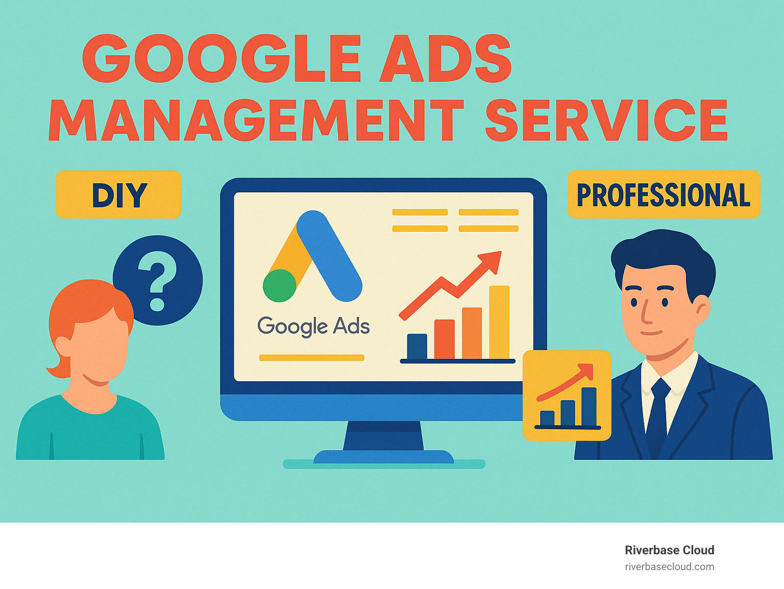 improve the alignment of this image that the headings and the illustrations make sense. the DIY and professional should have individual points - Google Ads management service infographic 
