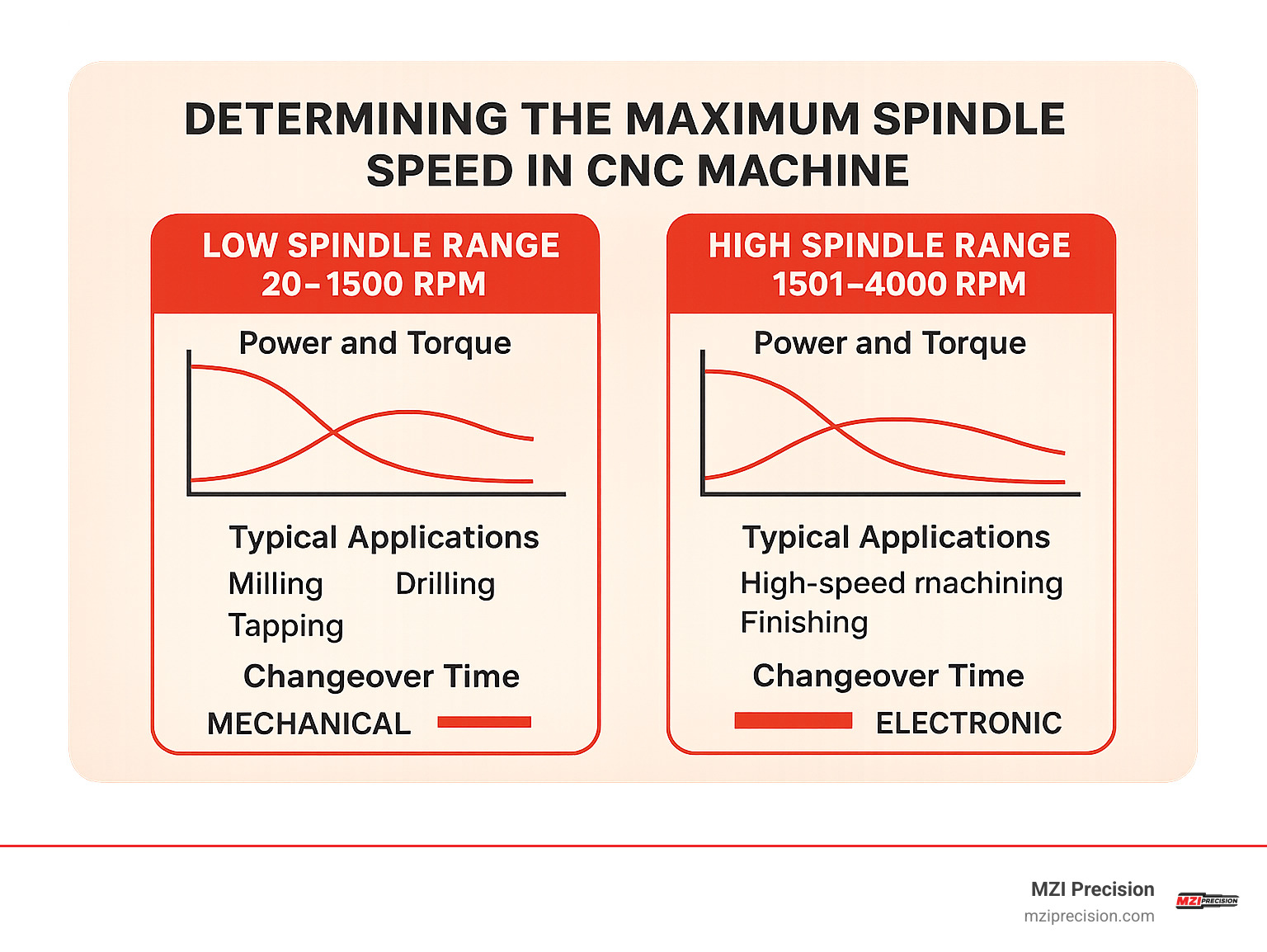 Comparison chart showing low spindle range 20-1500 RPM versus high spindle range 1501-4000 RPM with power and torque curves, typical applications, and changeover times for mechanical versus electronic systems - maximum spindle speed in cnc machine infographic
