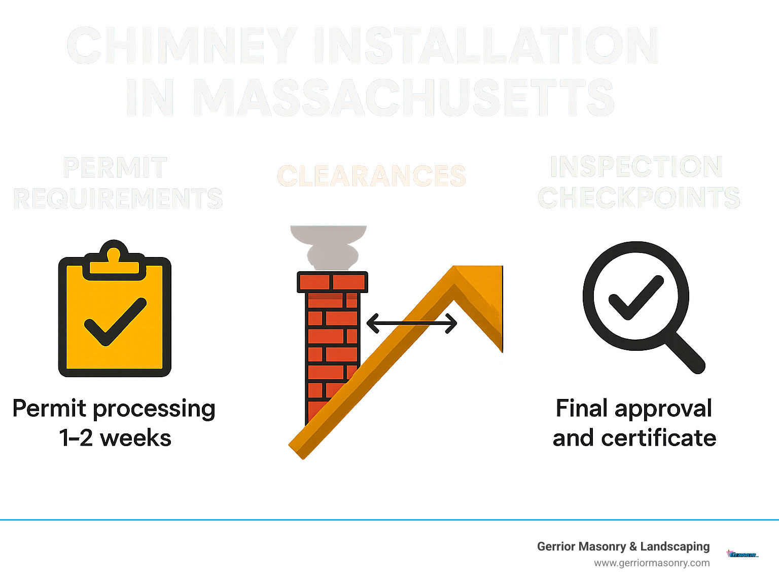 Infographic showing Massachusetts permit requirements, clearance specifications, and inspection checkpoints for chimney installations - chimney installation near me infographic 