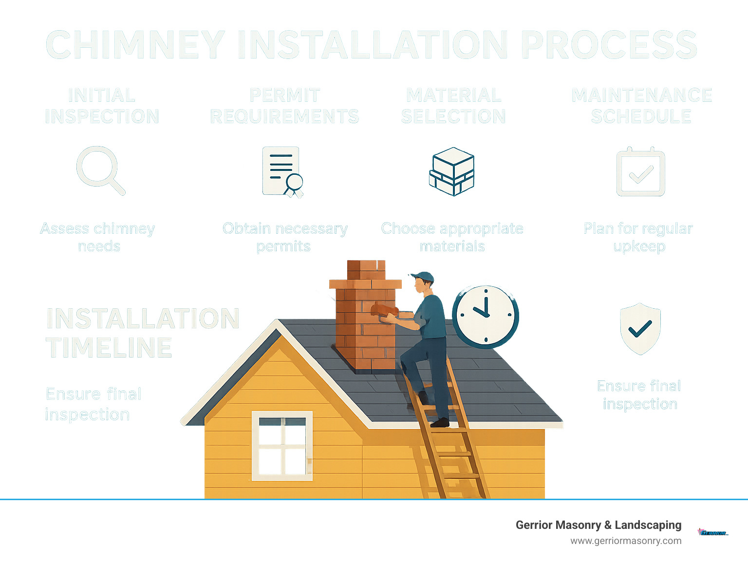 Infographic showing the complete chimney installation process from initial inspection through final code compliance, including permit requirements, material selection, installation timeline, and post-installation maintenance schedule - chimney installation near me infographic 
