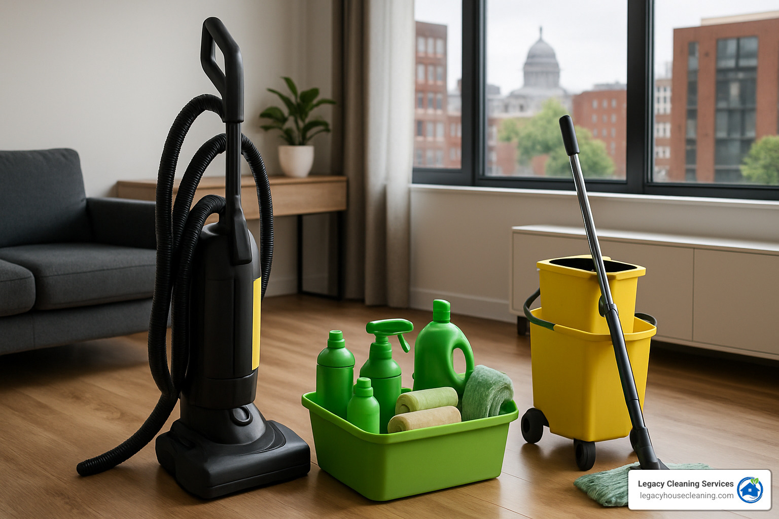 Professional deep cleaning equipment and eco-friendly supplies arranged in a Madison apartment - apartment cleaning service madison wi Professional deep cleaning equipment and eco-friendly supplies arranged in a Madison apartment - apartment cleaning service madison wi