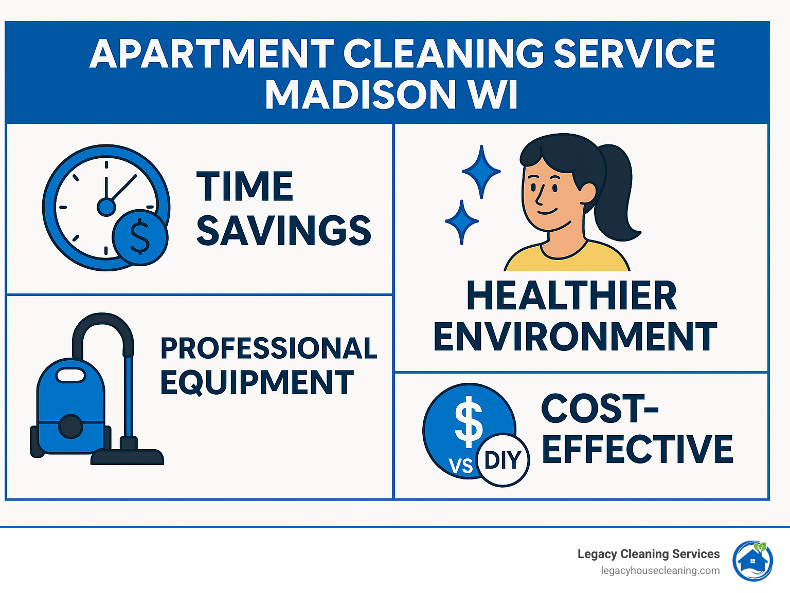 Comprehensive breakdown of apartment cleaning service benefits including time savings, health improvements, professional equipment usage, and cost-effectiveness compared to DIY cleaning in Madison WI - apartment cleaning service madison wi infographic Comprehensive breakdown of apartment cleaning service benefits including time savings, health improvements, professional equipment usage, and cost-effectiveness compared to DIY cleaning in Madison WI - apartment cleaning service madison wi infographic