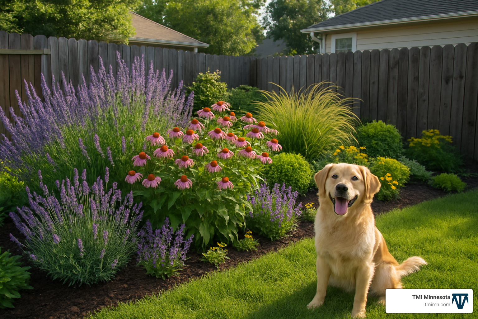 Beautiful blooming border featuring pet-safe plants like lavender, coneflowers, and ornamental grasses with a happy dog in the foreground - pet friendly landscape design