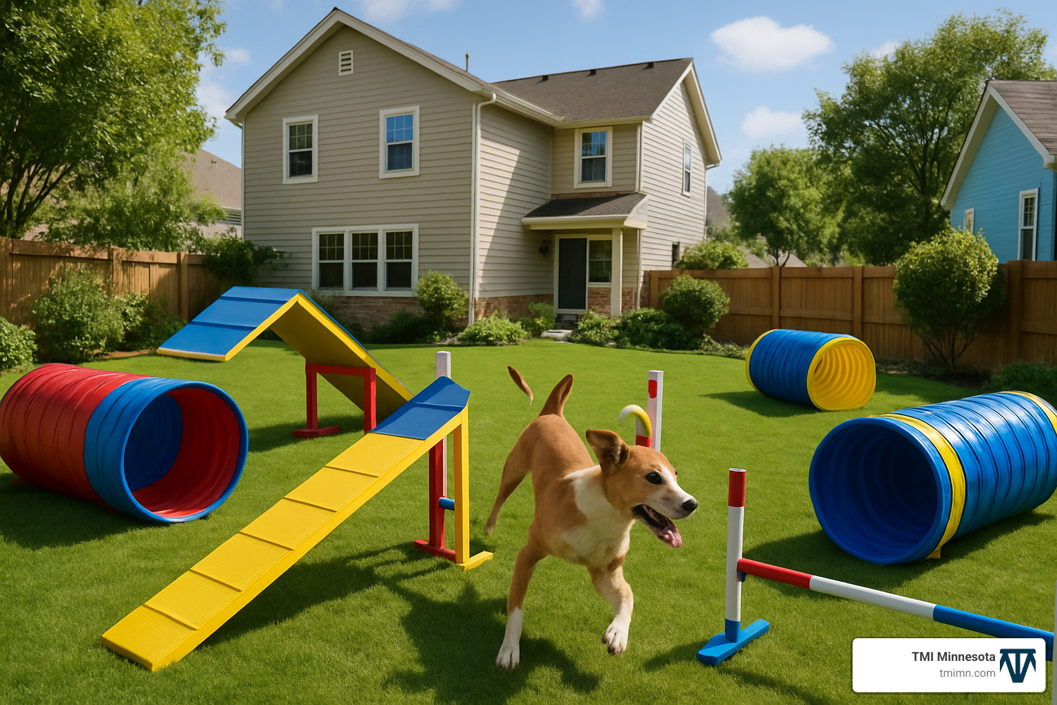 Backyard agility course featuring tunnels, ramps, and jumps with a dog actively playing - pet friendly landscape design