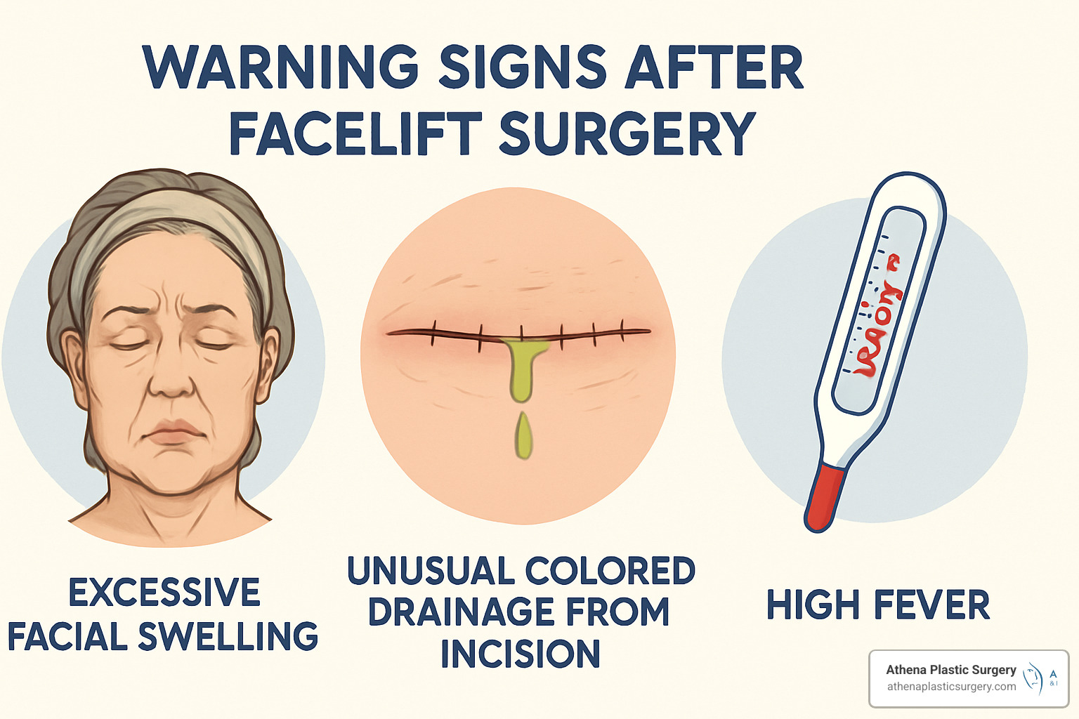 Visual guide showing warning signs that require immediate medical attention, including excessive swelling, unusual drainage, and fever symptoms - what to expect after face lift surgery