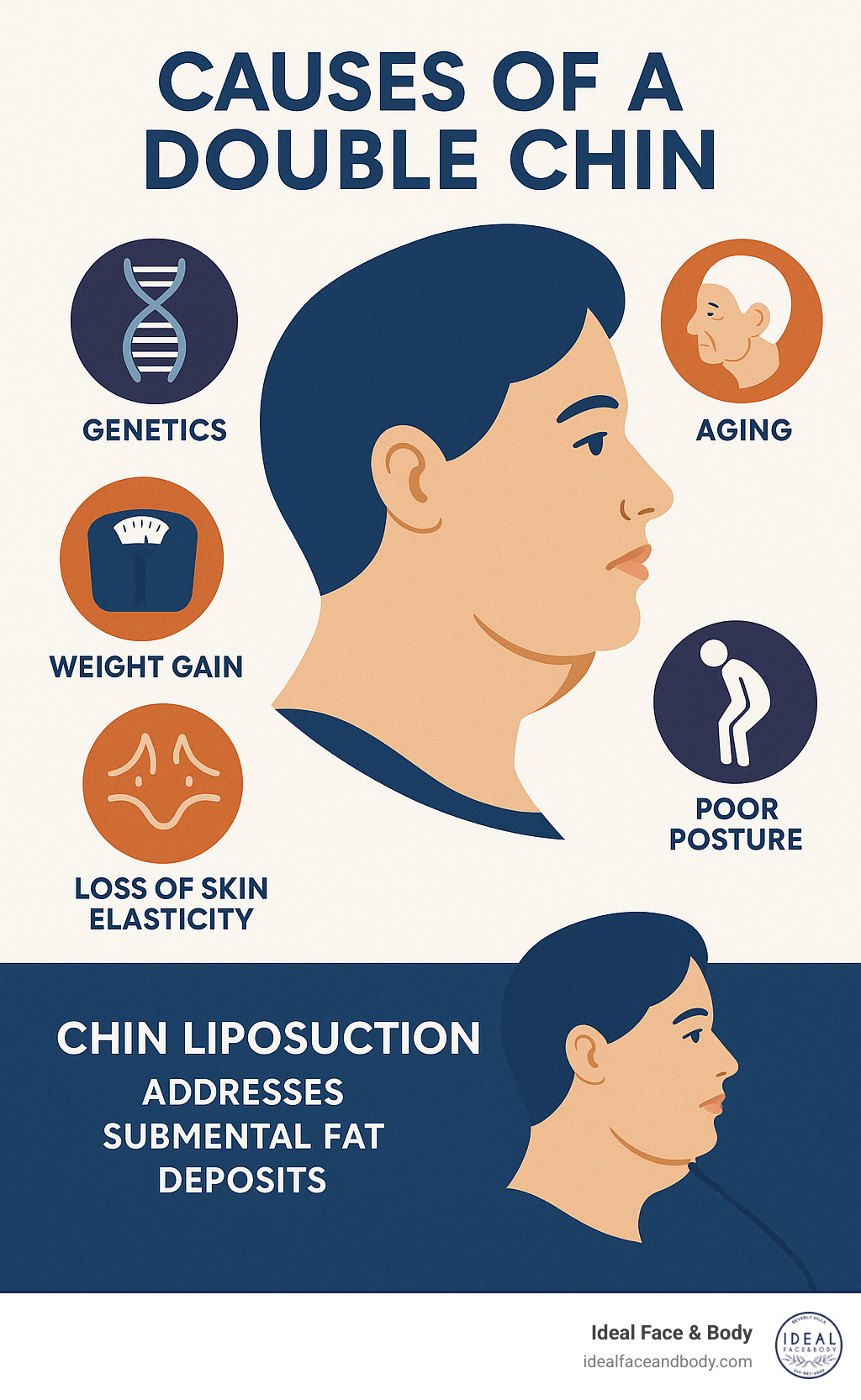 Infographic showing the main causes of double chin including genetics, aging, weight gain, poor posture, and loss of skin elasticity, along with how chin liposuction addresses submental fat deposits - chin liposuction procedure infographic 