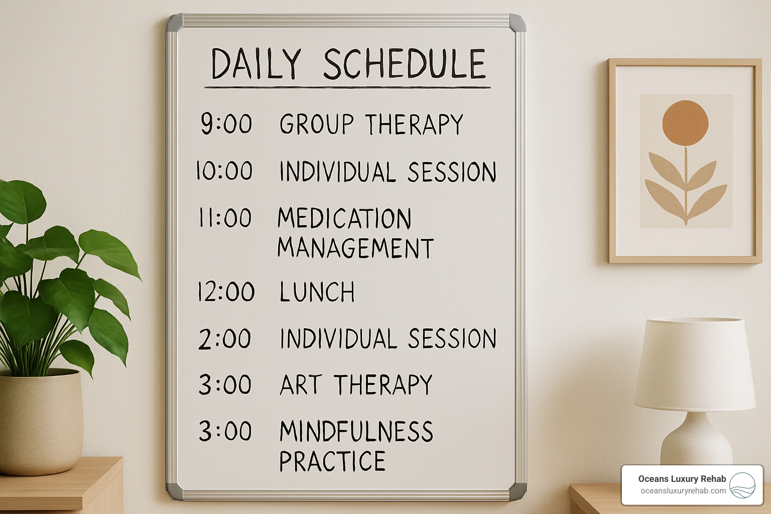 A detailed daily schedule board showing time slots from 9 AM to 4 PM with various therapy sessions including group therapy, individual sessions, medication management, art therapy, and mindfulness practice - php mental health