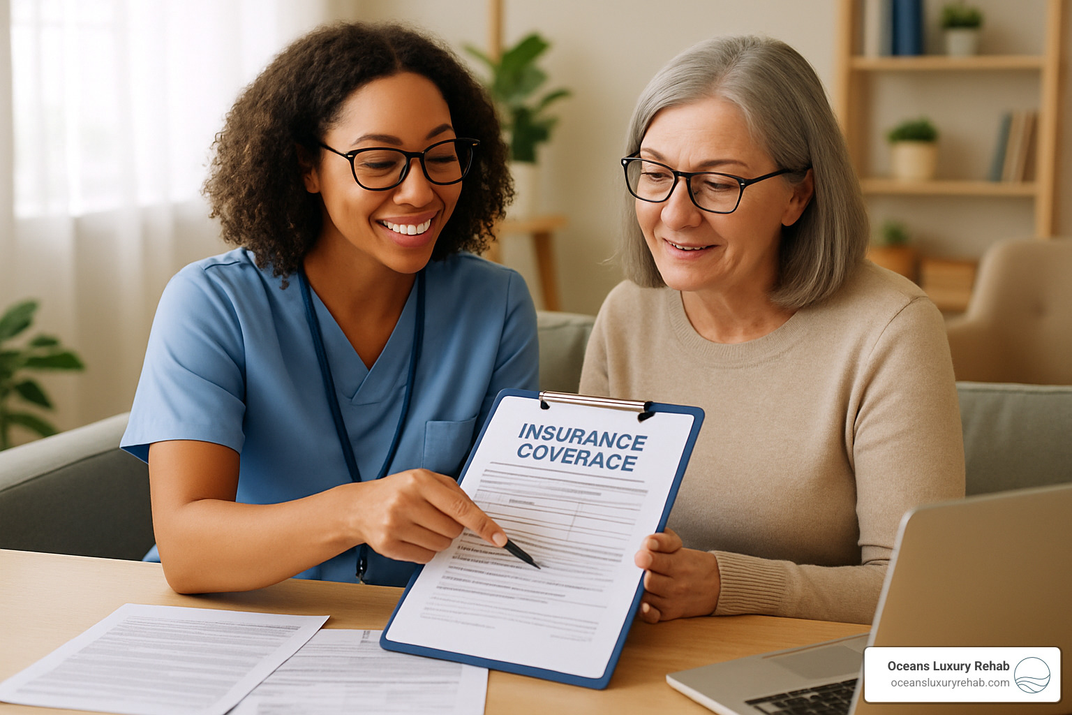 A healthcare professional reviewing insurance documents and coverage information with a patient in a comfortable office setting - php mental health