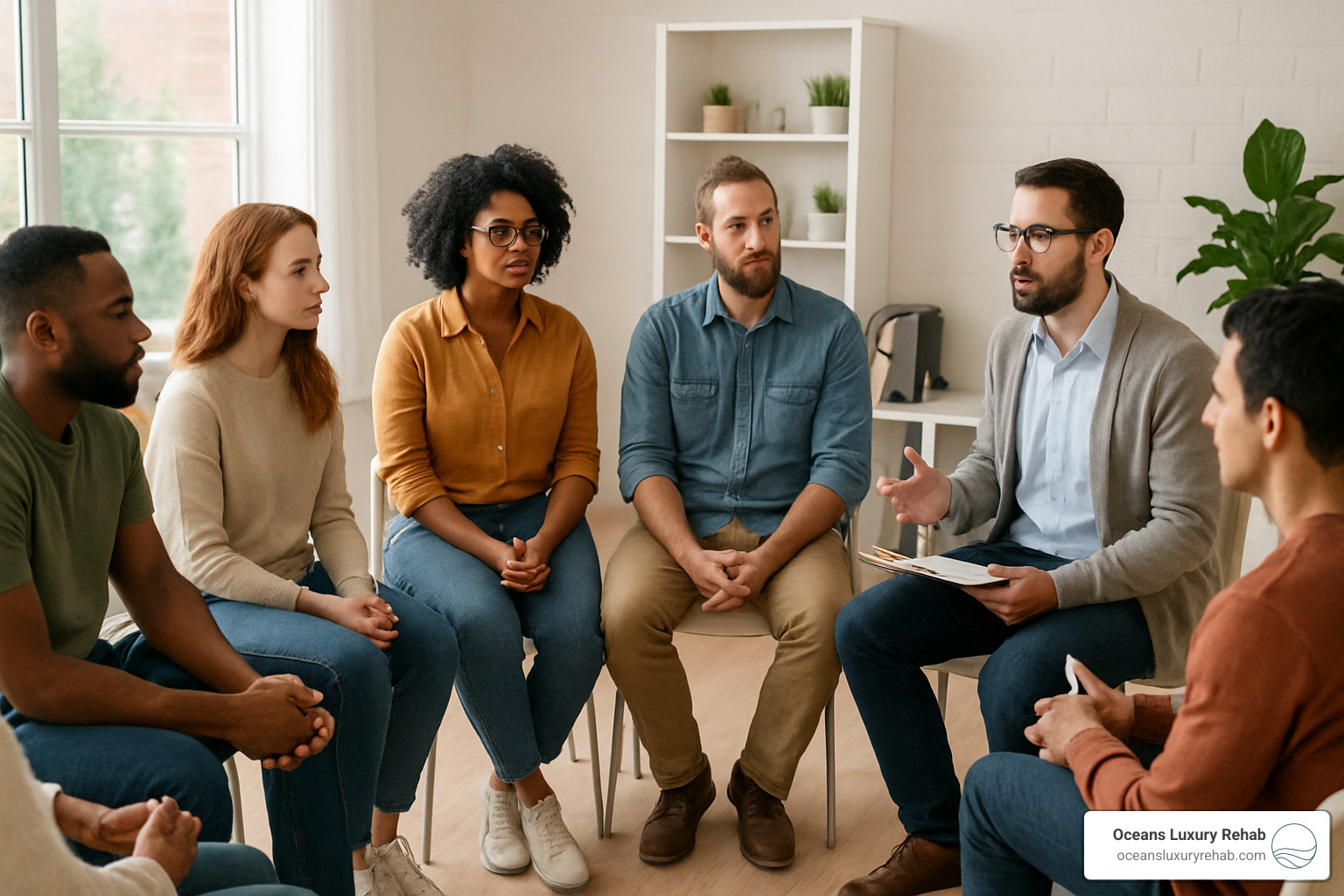 Group therapy session with diverse participants sitting in a circle with a therapist facilitating discussion in a bright, welcoming treatment room - php mental health