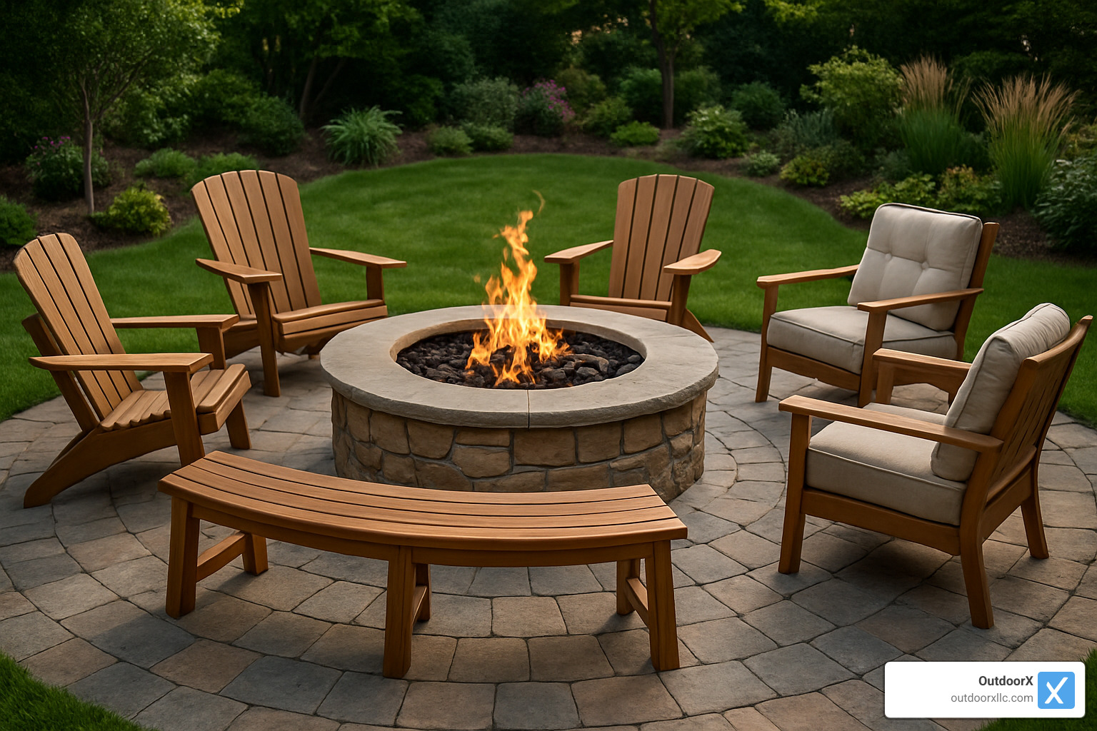 Fire pit with surrounding seating area showing optimal layout - handcrafted fire pits