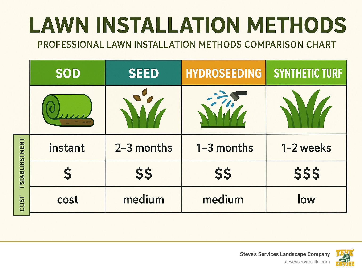 Professional lawn installation methods comparison chart showing establishment times, costs, and maintenance requirements for sod, seed, hydroseeding, and synthetic turf options - Lawn Installation Services infographic 