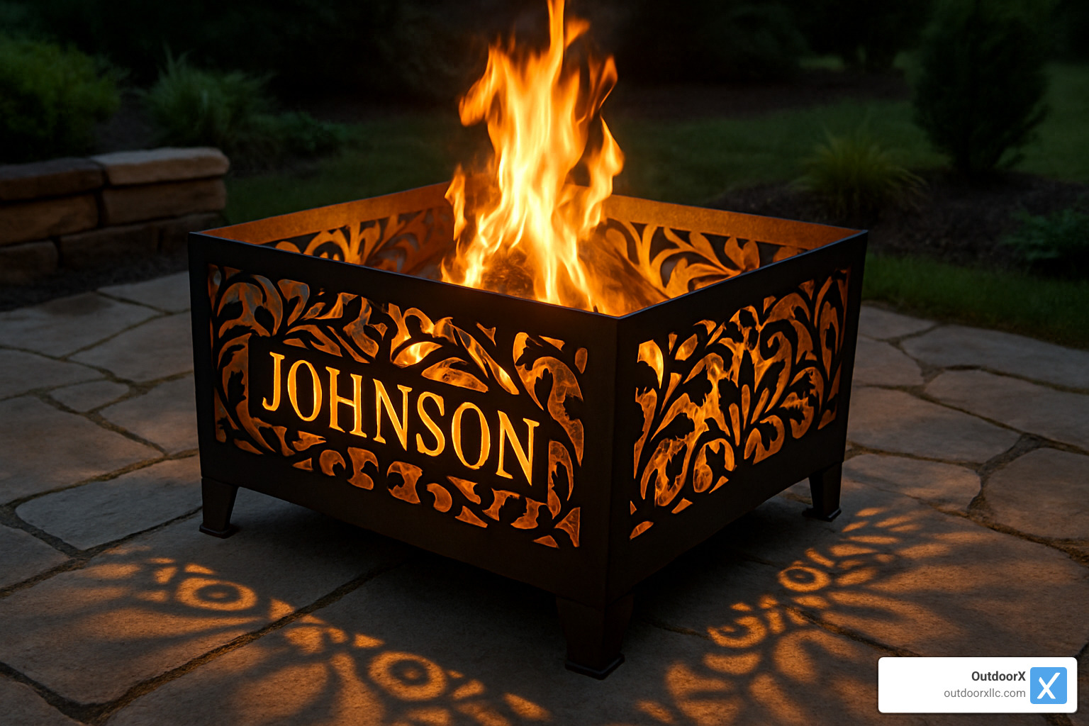 Custom fire pit with family name cut into decorative pattern - handcrafted fire pits