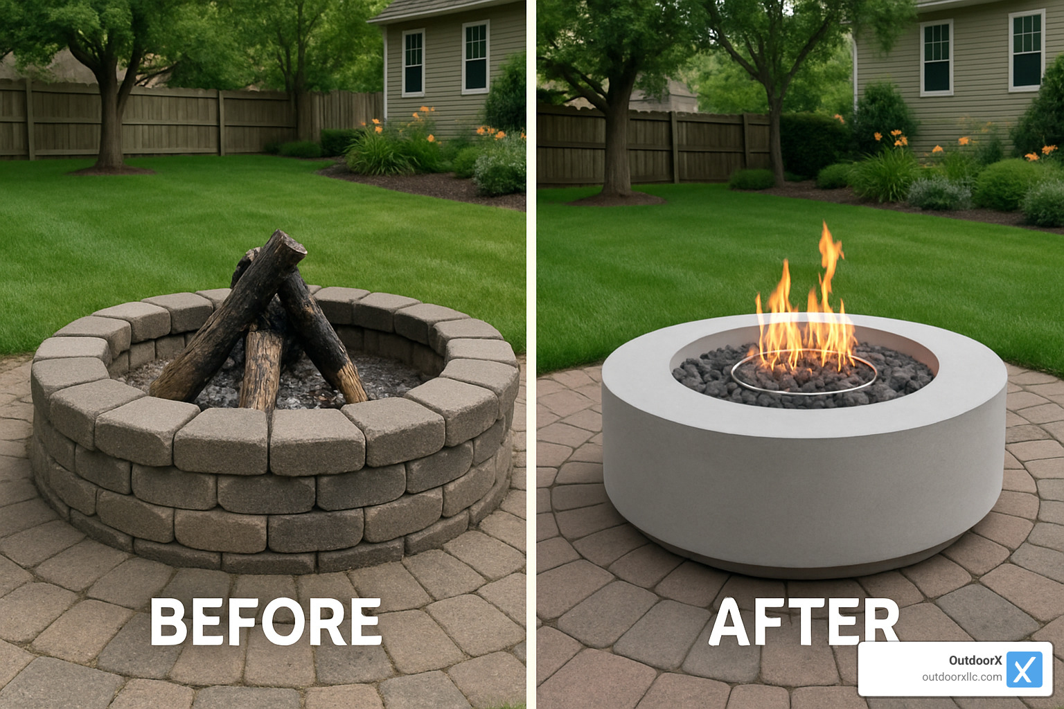 Gas fire pit conversion showing before and after installation - handcrafted fire pits