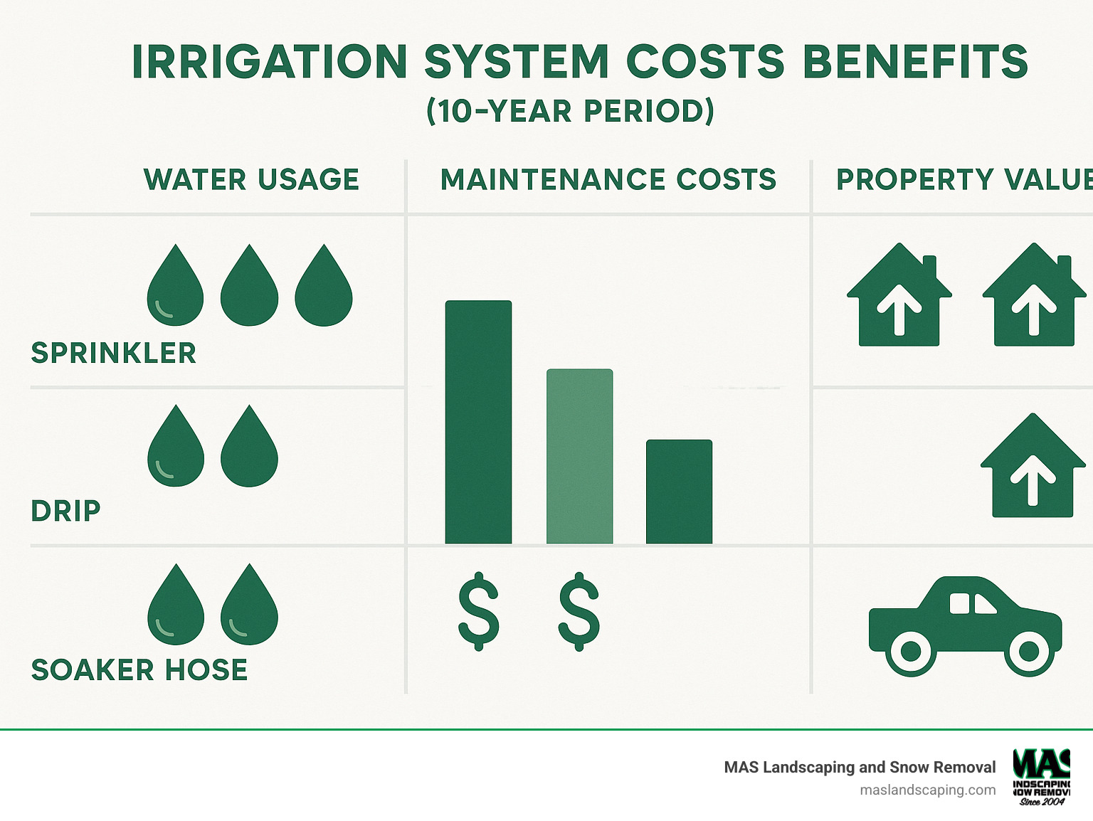 Comparison chart showing water usage, maintenance costs, and property value benefits of different irrigation system types over a 10-year period - cost of new lawn irrigation system installation infographic 