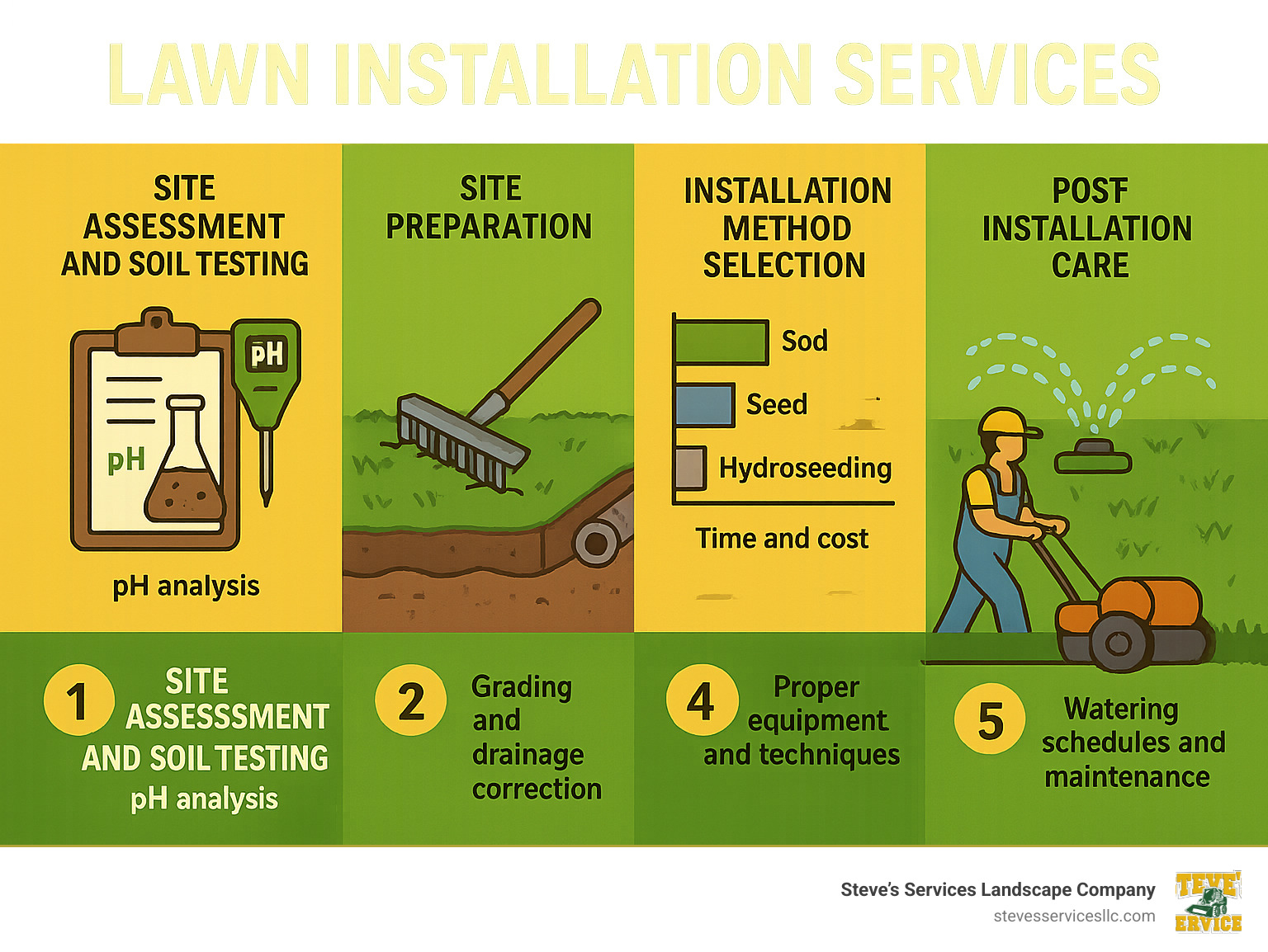 Comprehensive infographic showing the 5-step professional lawn installation process: 1) Site Assessment and Soil Testing with pH analysis, 2) Site Preparation including grading and drainage correction, 3) Installation Method Selection comparing sod vs seed vs hydroseeding timelines and costs, 4) Professional Installation with proper equipment and techniques, 5) Post-Installation Care with watering schedules and maintenance guidelines - Lawn Installation Services Near Me infographic 