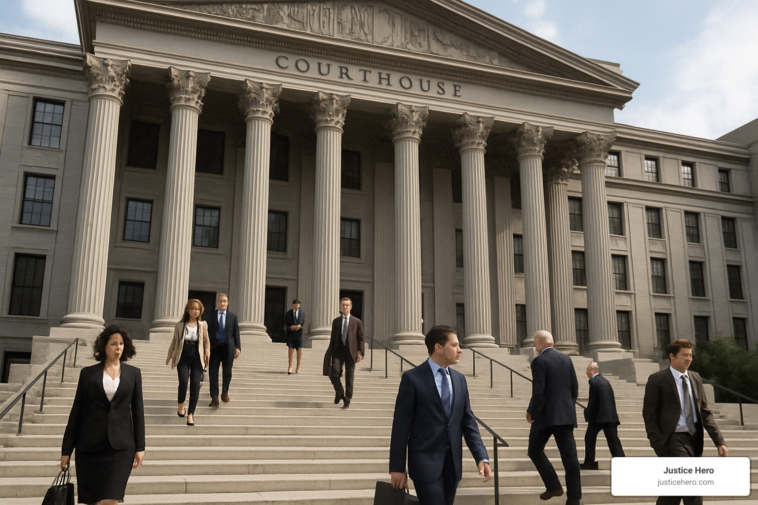 Courthouse steps with people walking - latest news on roundup settlement