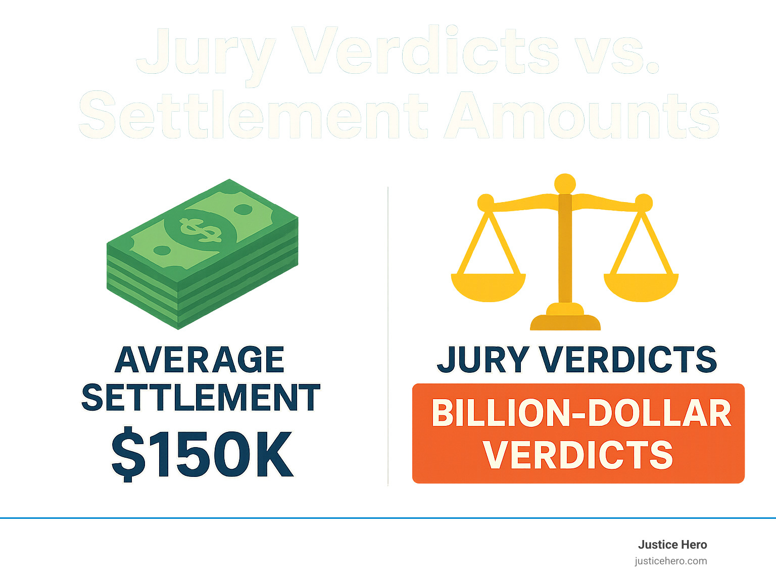 Statistical comparison showing jury verdicts vs settlement amounts, with average settlement of $150k compared to billion-dollar verdicts - latest news on roundup settlement infographic 