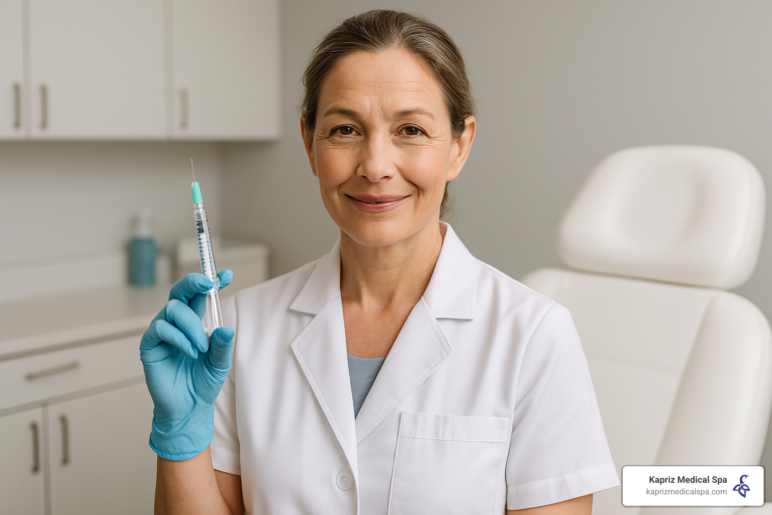 Experienced medical professional in clean treatment room holding dermal filler syringe with confident, reassuring smile - dermal fillers jacksonville fl