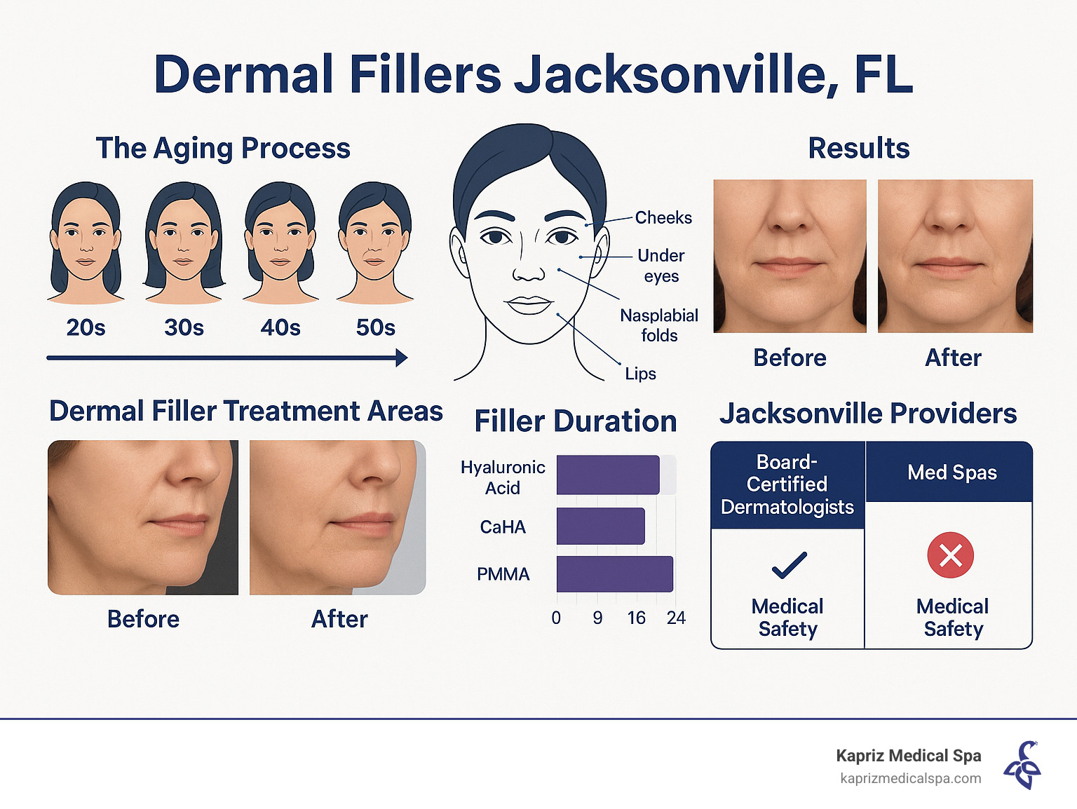 Comprehensive infographic showing the aging process timeline from 20s to 50s, dermal filler treatment areas on face diagram, before and after comparison photos, duration chart for different filler types, and Jacksonville provider type comparison with safety credentials - dermal fillers jacksonville fl infographic 