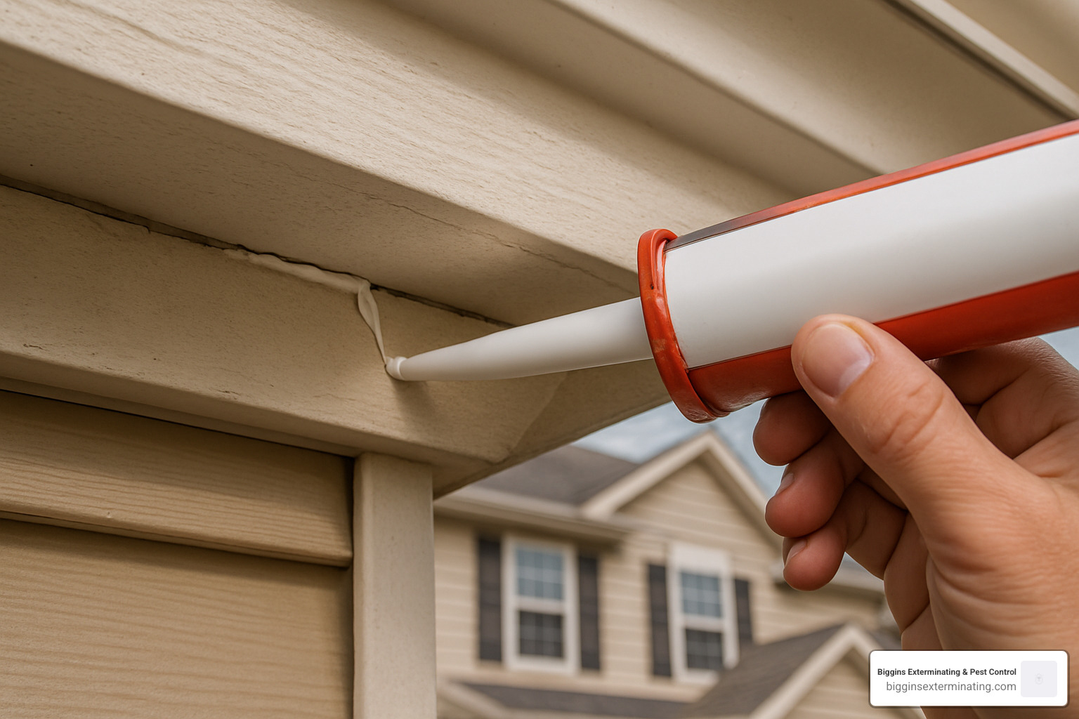 sealing crack in house eave with caulk - pest control wasp nest