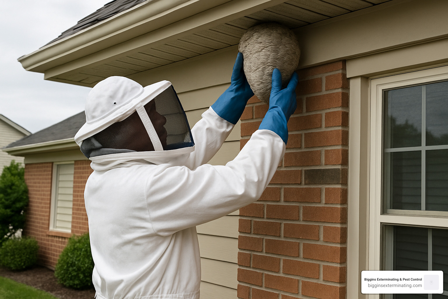 person in full protective equipment for wasp nest removal - pest control wasp nest