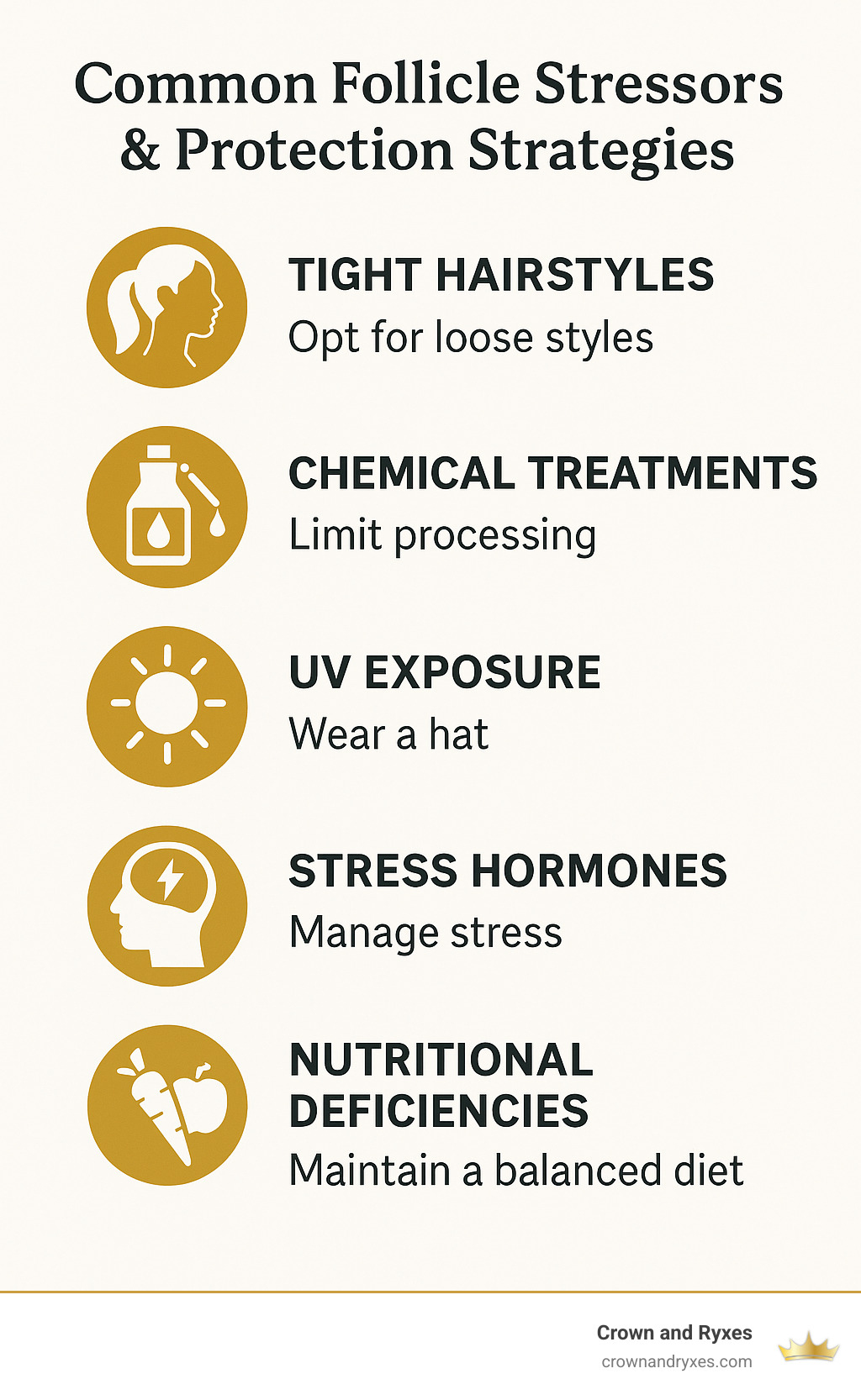 Infographic showing common follicle stressors including tight hairstyles, chemical treatments, UV exposure, stress hormones, and nutritional deficiencies, with protective strategies for each - bald spot infographic 