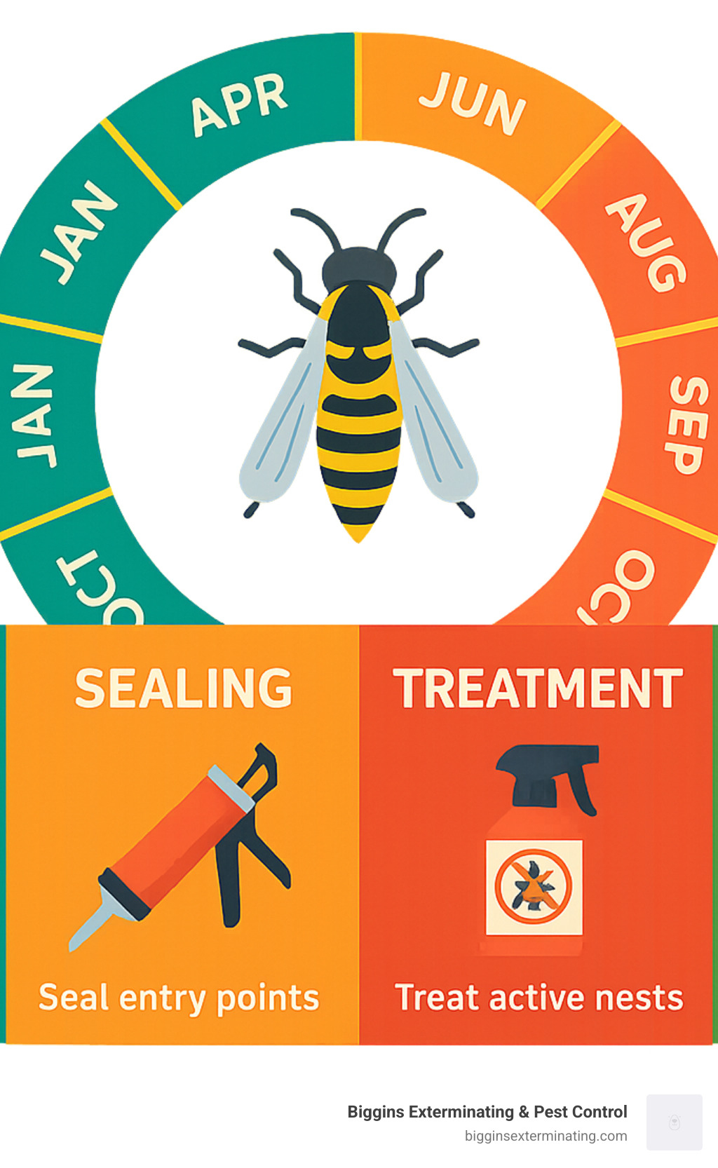 Annual wasp prevention calendar showing optimal timing for inspection, sealing, treatment, and monitoring activities throughout the year - pest control wasp nest infographic 