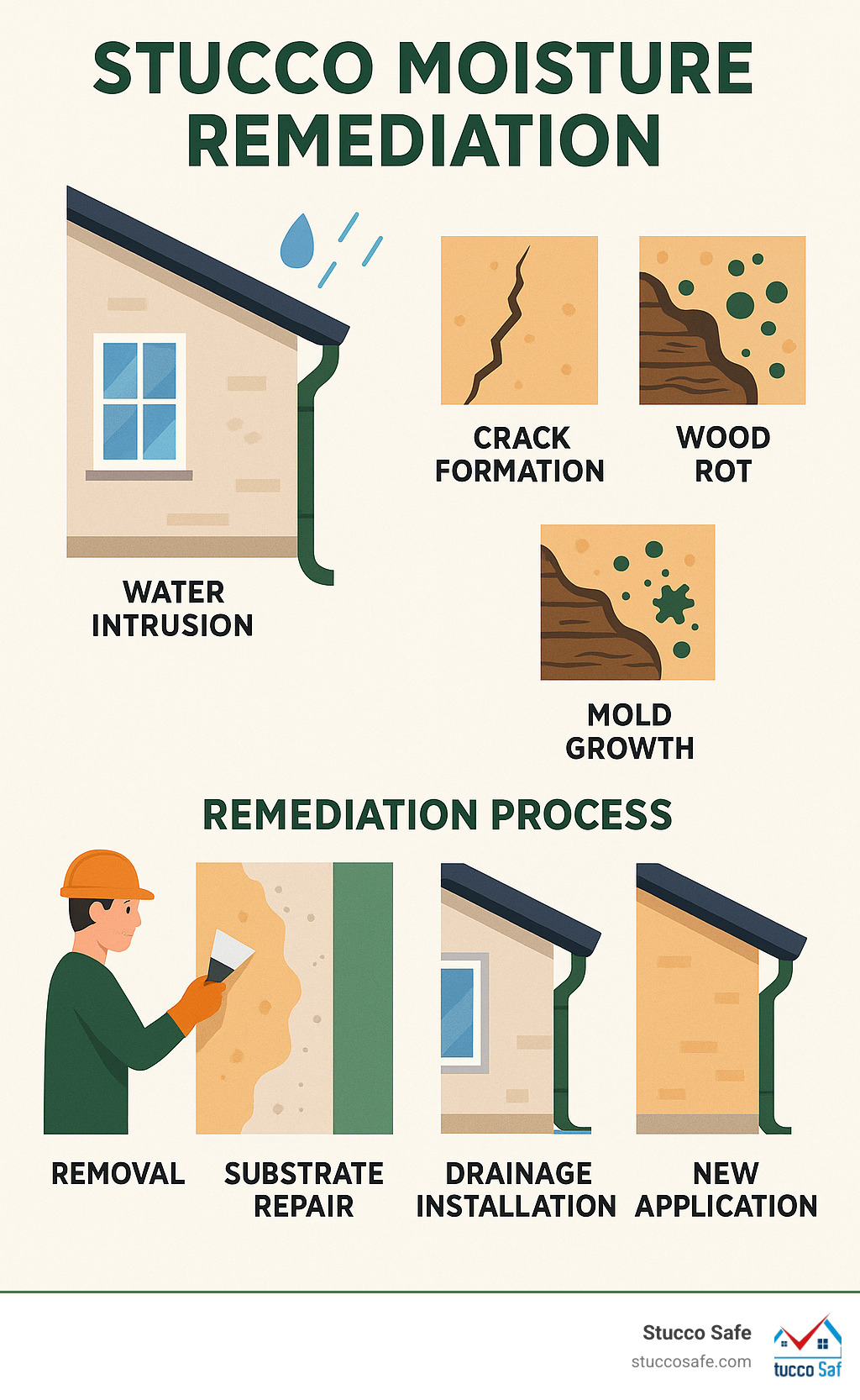 Detailed infographic showing the stucco moisture remediation process from initial water intrusion through crack formation, wood rot development, mold growth, and the complete remediation cycle including removal, substrate repair, drainage installation, and new application - stucco moisture remediation infographic 