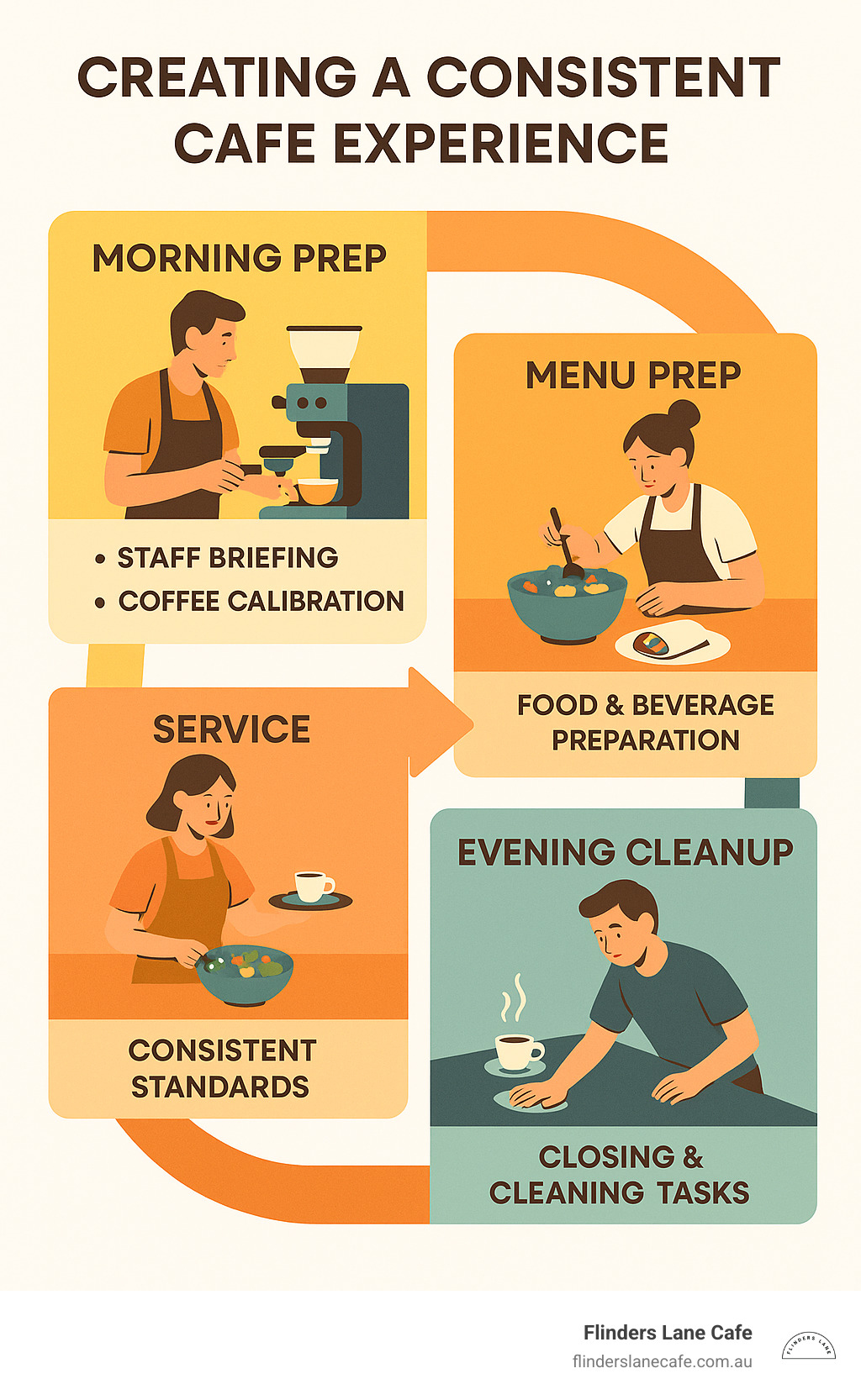Detailed infographic showing the daily workflow of creating consistent cafe experiences, from morning prep and staff briefings through to evening cleanup, highlighting key touchpoints like coffee calibration, menu prep, service standards, and customer feedback collection - best cafe experience infographic 